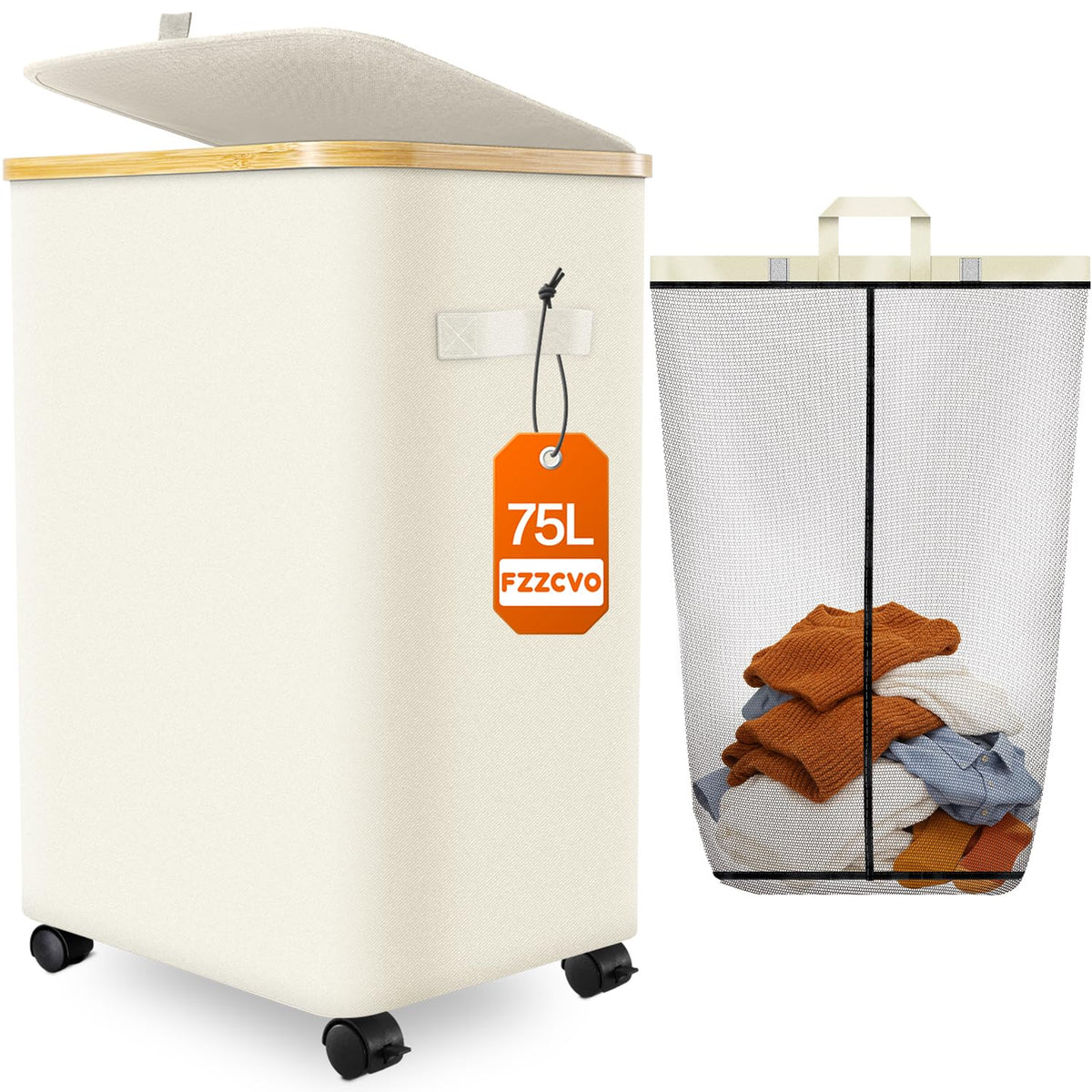 Fzzcvo front view of rolling laundry hamper showing full capacity and lid benefit