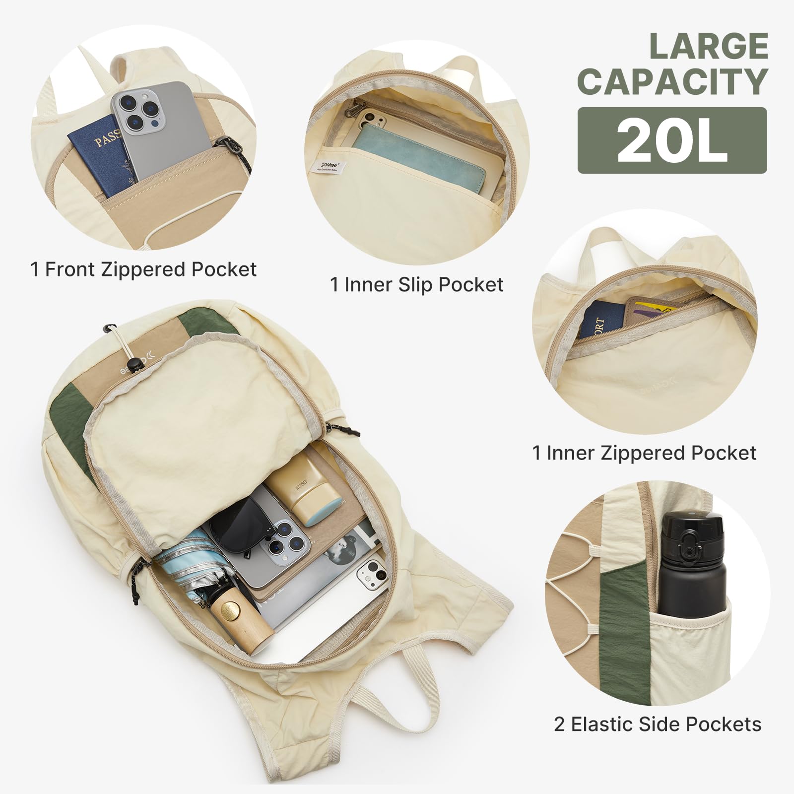 G4Free side pocket holding water bottle for hydration-on-the-go benefit