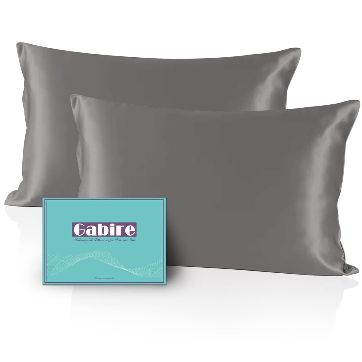 Gabire front packaging showing two grey silk pillowcases, presents sleek protection