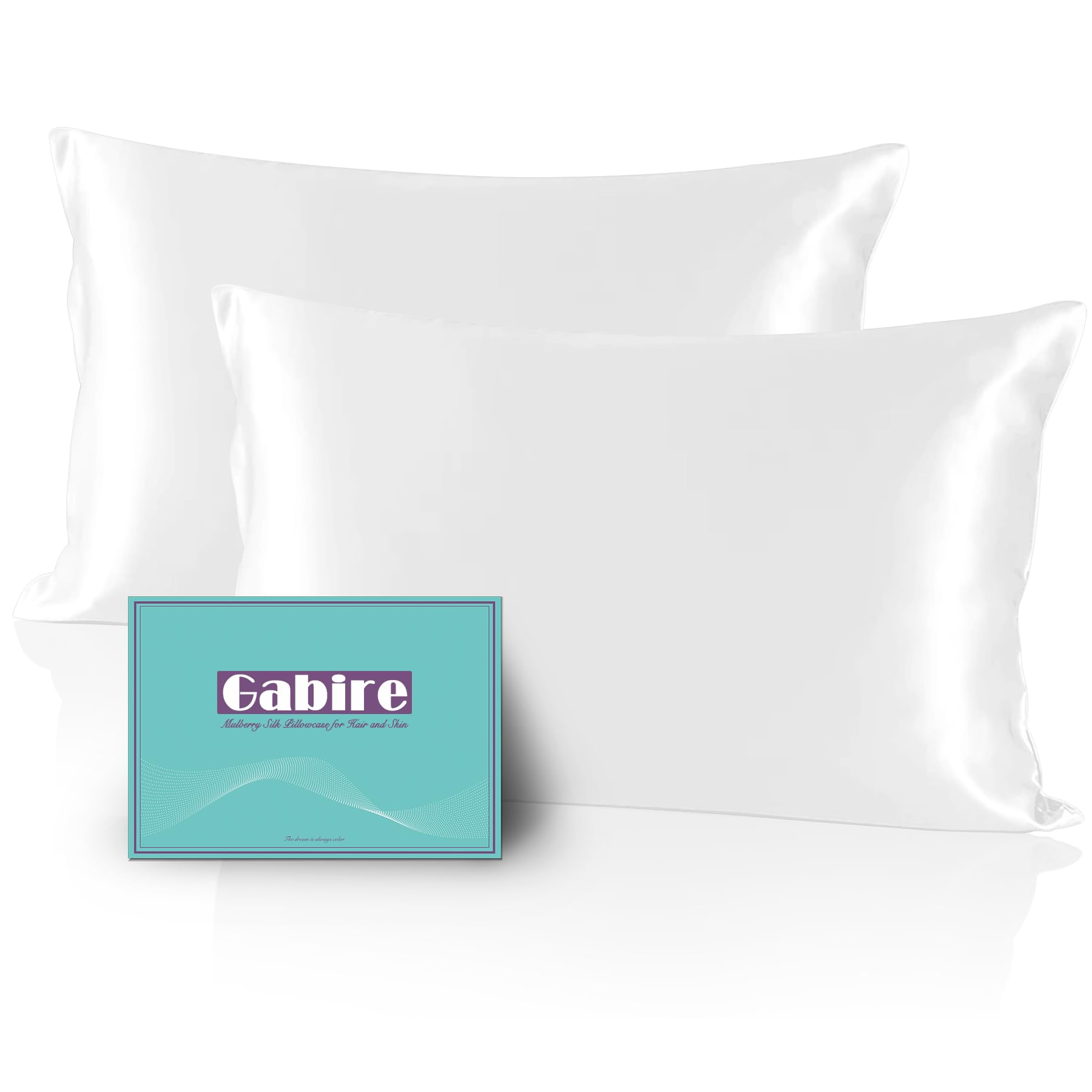 Gabire front packaging showing two white silk pillowcases, elegant gift-ready presentation