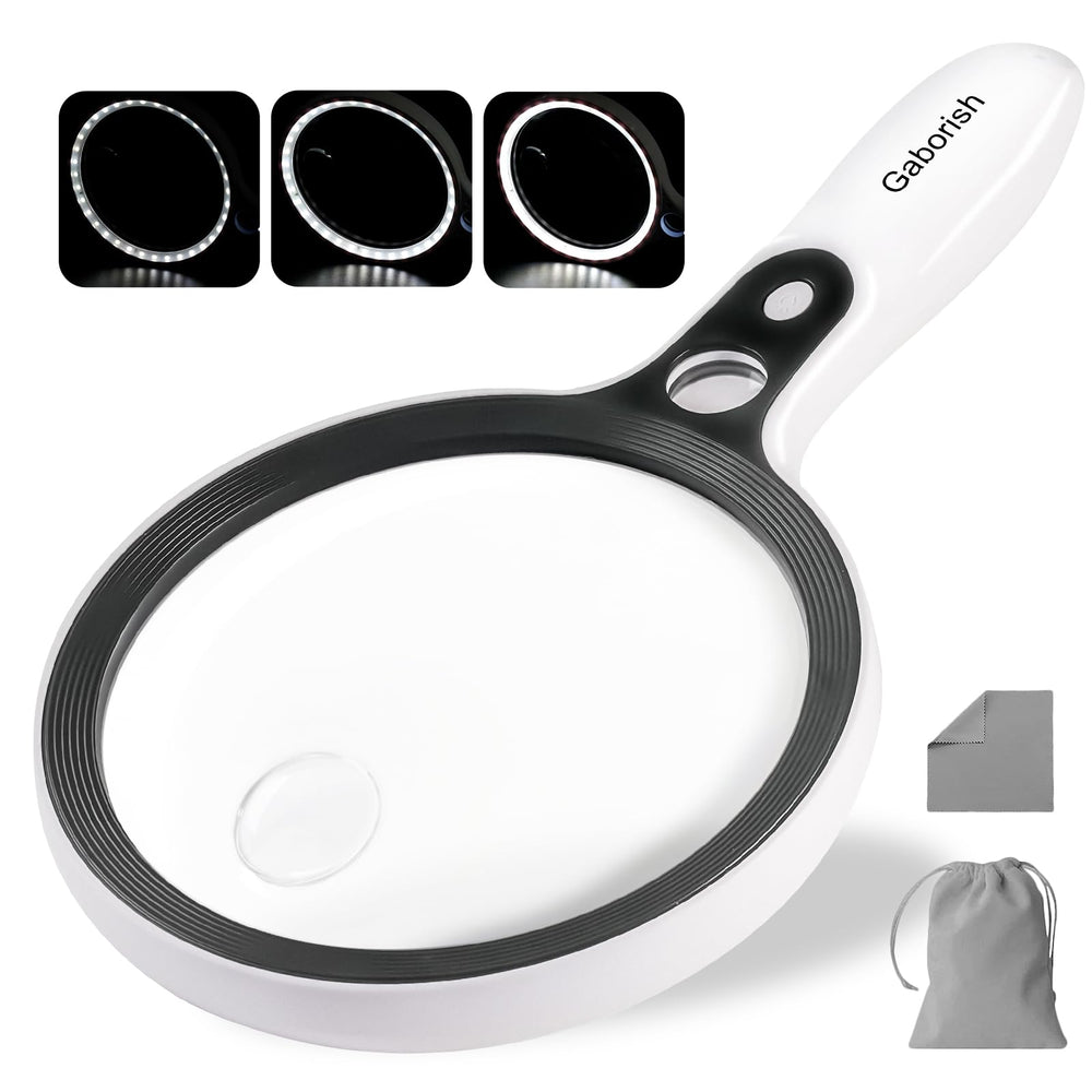GABORISH front view of magnifier showing large 5.2-inch lens and handle benefit clear viewing