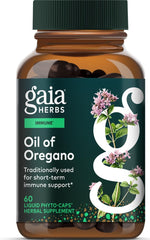 Gaia Herbs bottle front showing Oil of Oregano label and benefits