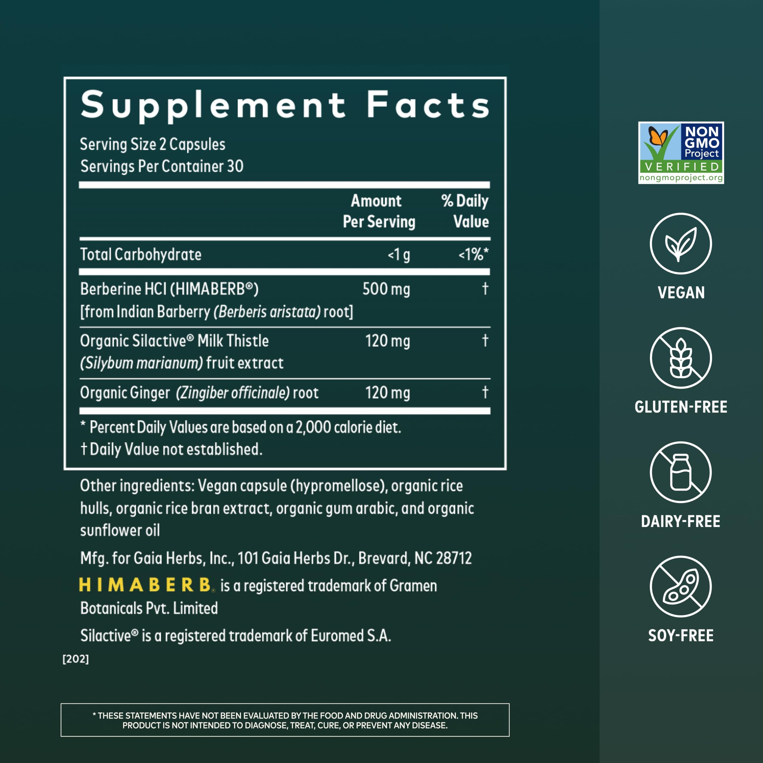 Gaia Herbs bottle with capsules visible, highlighting easy daily dosing