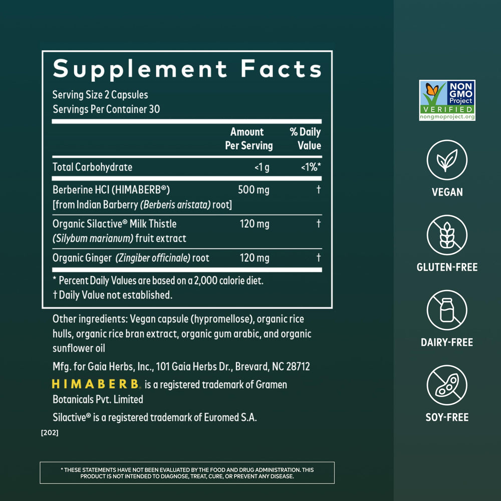 Gaia Herbs bottle with capsules visible, highlighting easy daily dosing