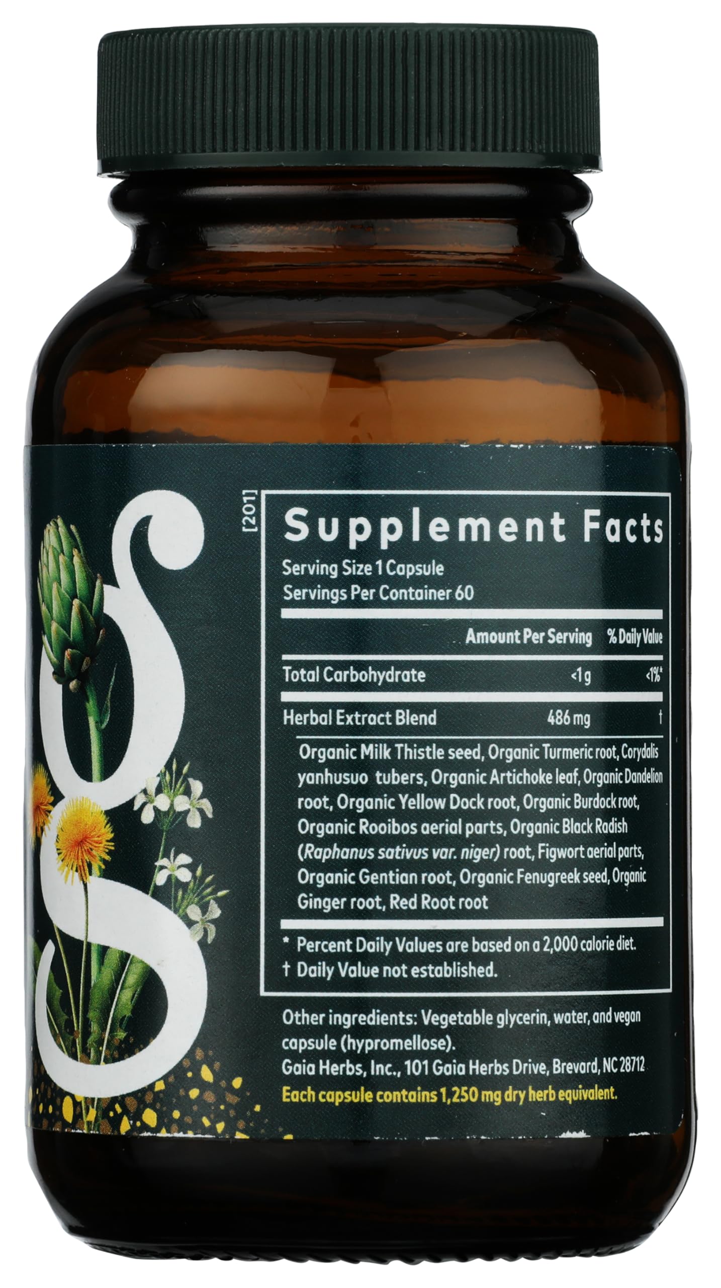 Gaia Herbs capsule in hand showing serving size and portability benefit