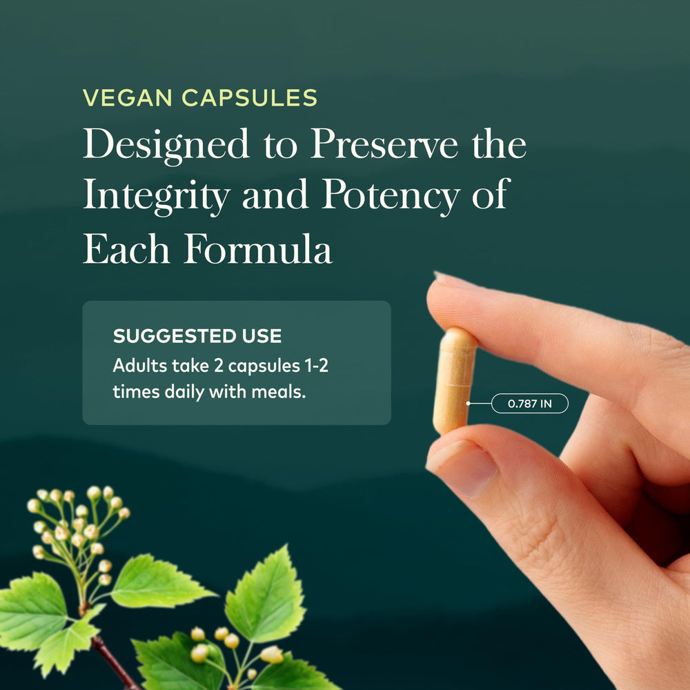 Gaia Herbs capsule held in hand to show serving size and portability