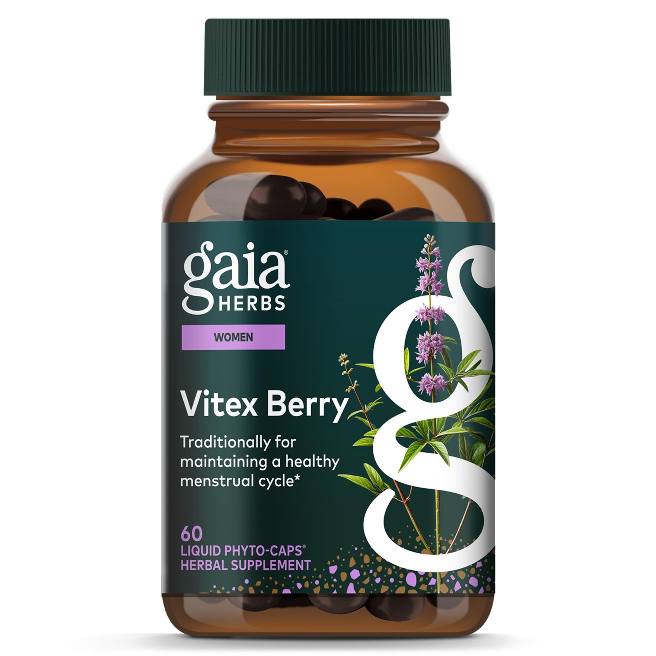 Gaia Herbs bottle front view showing vitex berry capsules and clear branding benefits quality