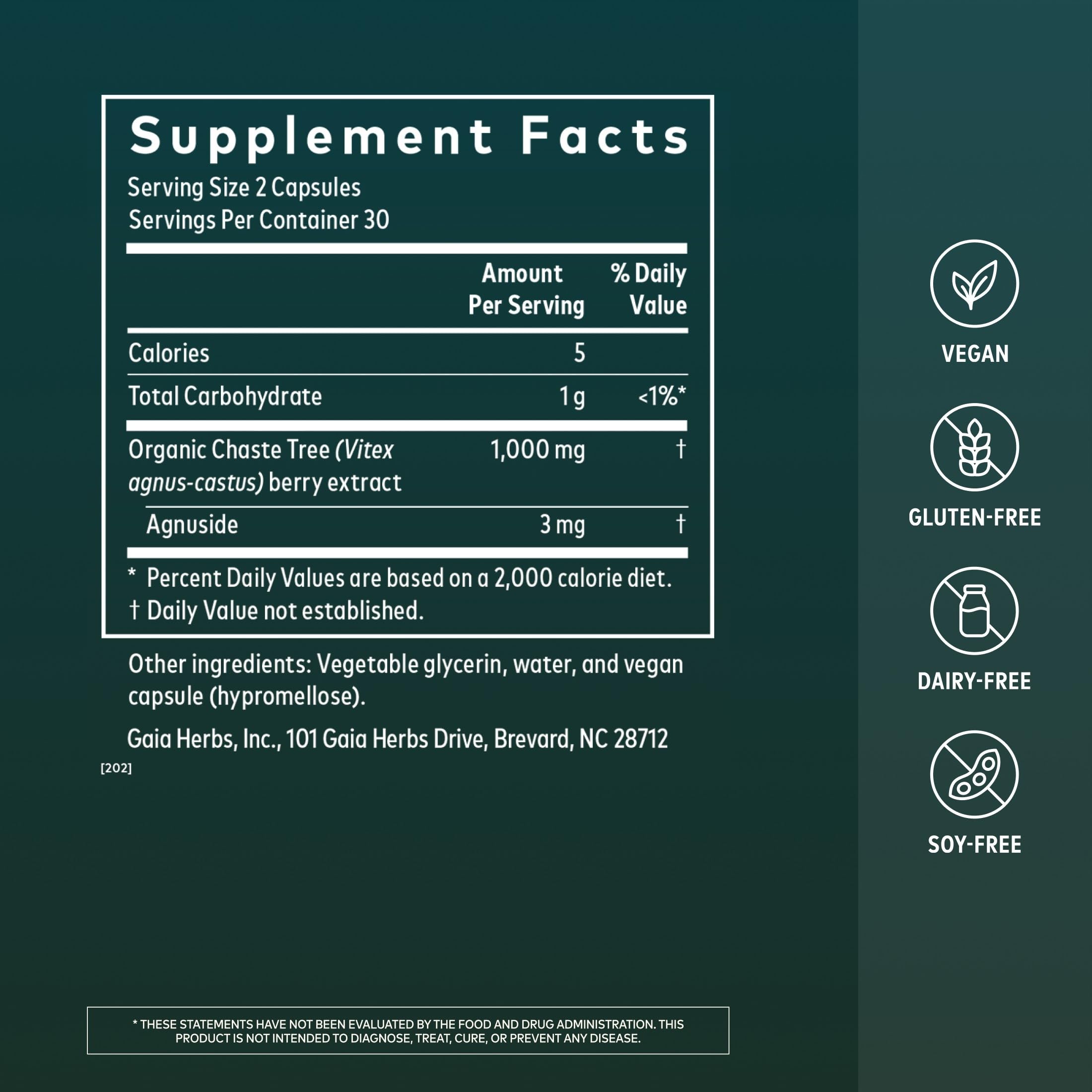 Gaia Herbs product label close-up highlighting vitex 1000 mg and organic sourcing benefits