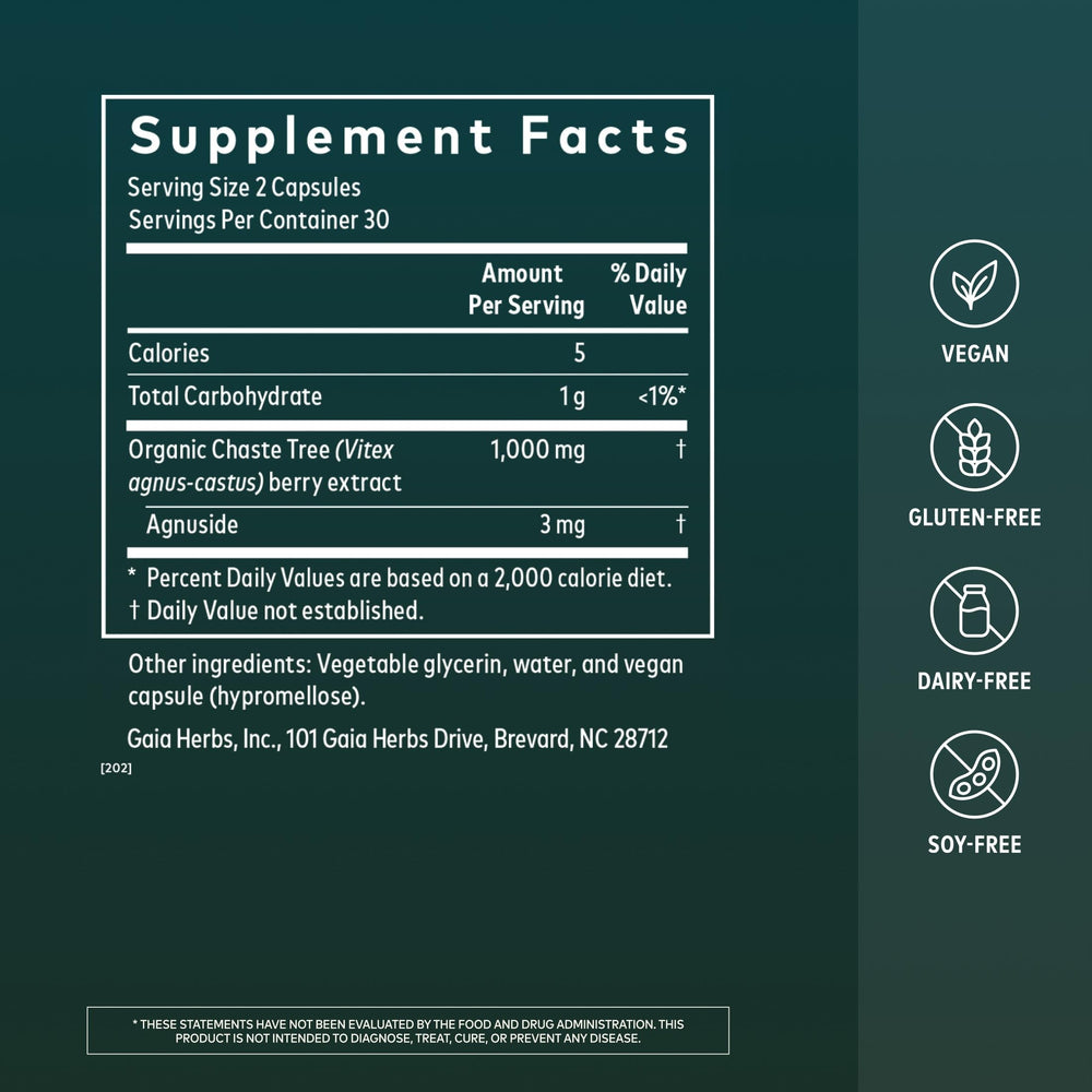 Gaia Herbs product label close-up highlighting vitex 1000 mg and organic sourcing benefits