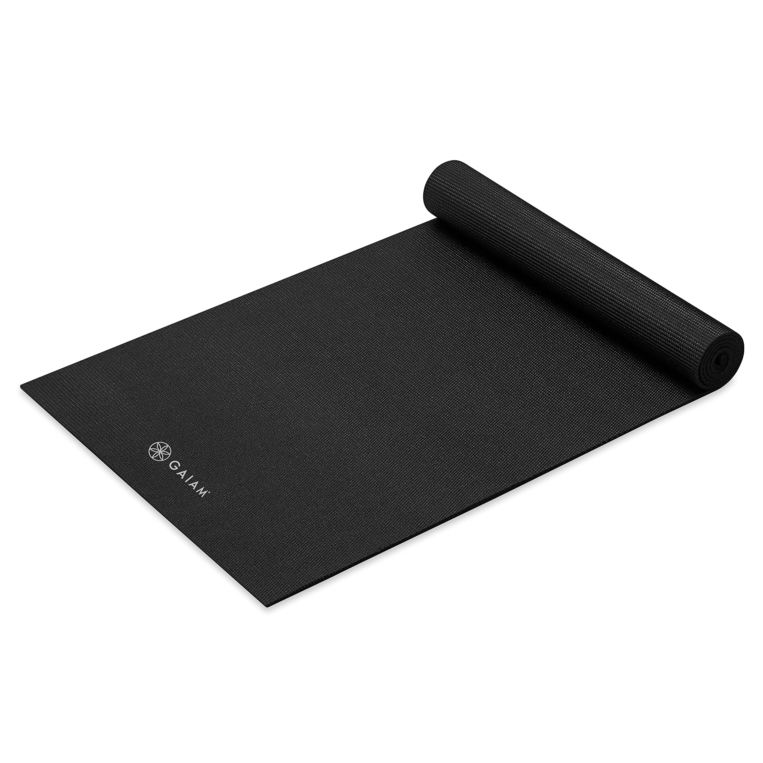 Gaiam premium yoga mat front view showing black surface and durable grip