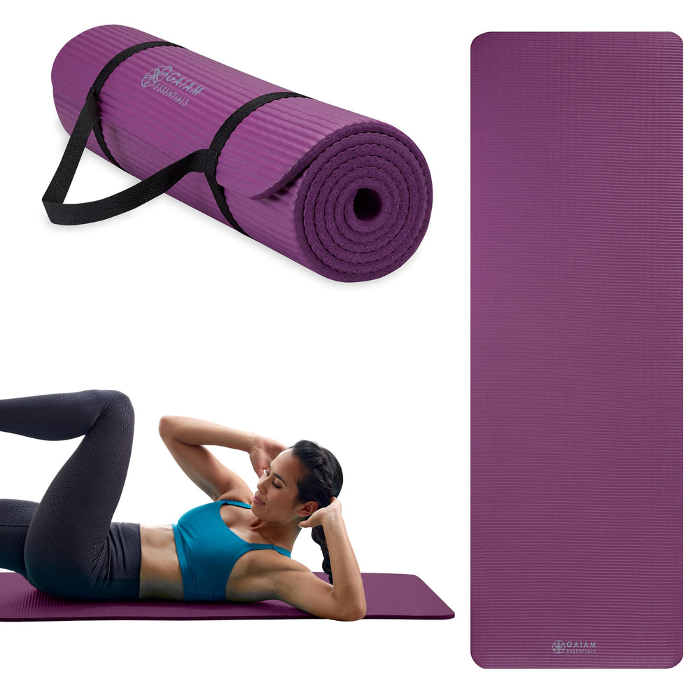Gaiam rolled mat secured with cinch strap, easy transport and storage benefit