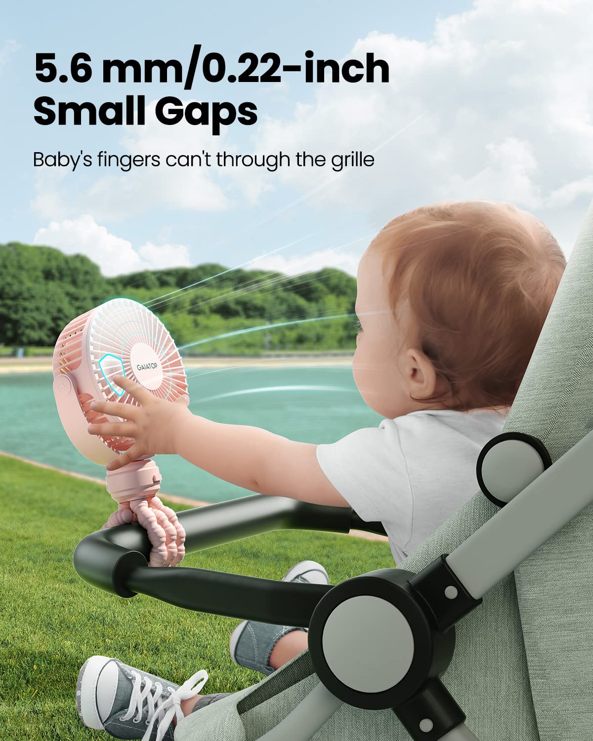 Gaiatop grille close-up highlighting 5.5mm gaps and child-safe protection