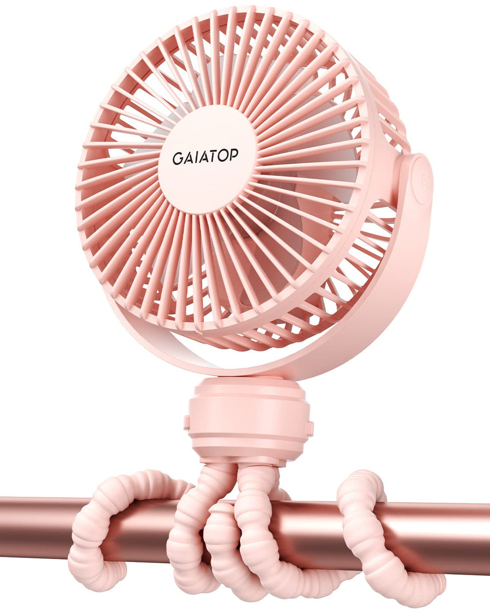 Gaiatop fan front view showing compact pink design and clip, portable cooling