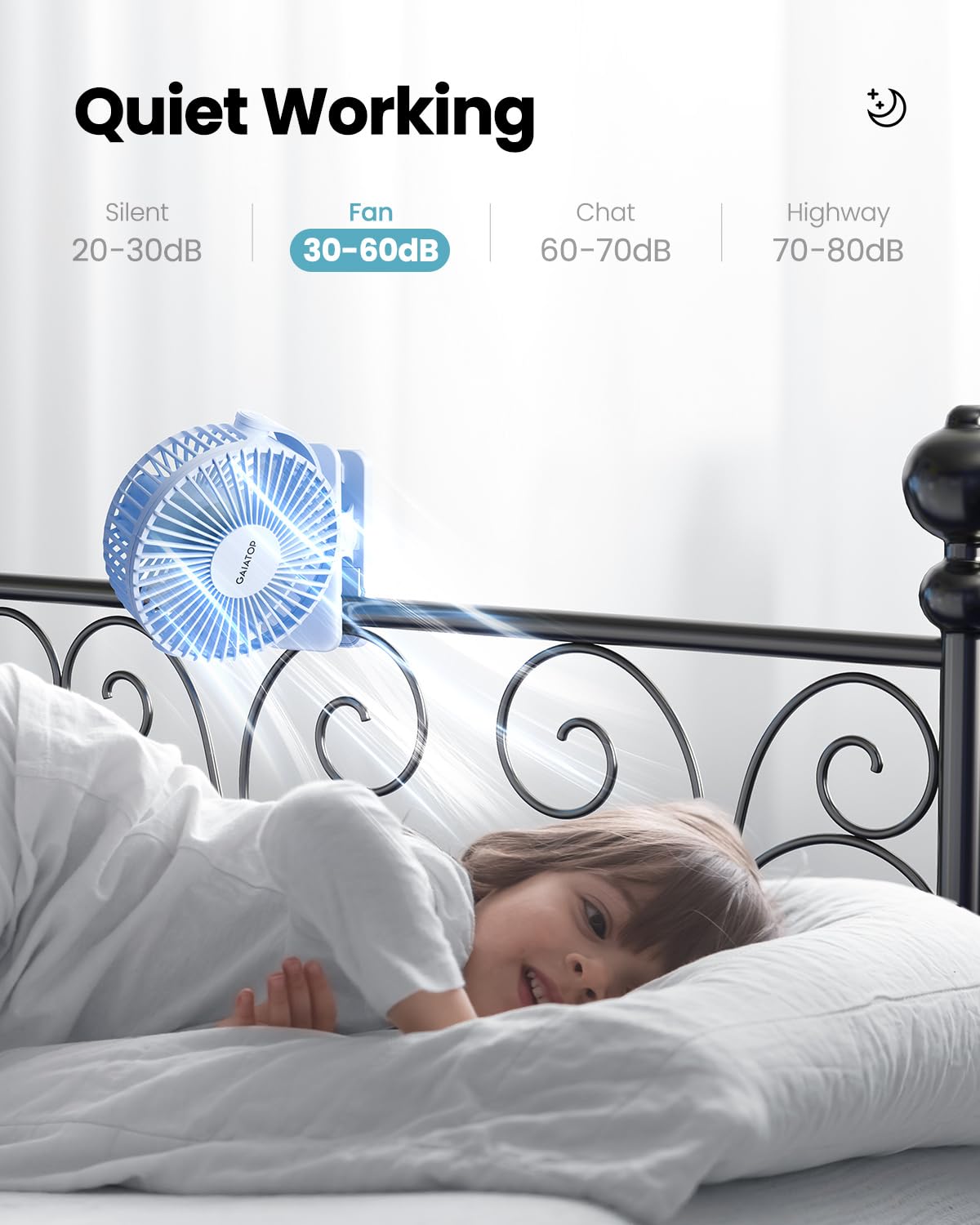 Gaiatop fan rotated to demonstrate 360-degree vertical and horizontal pivot