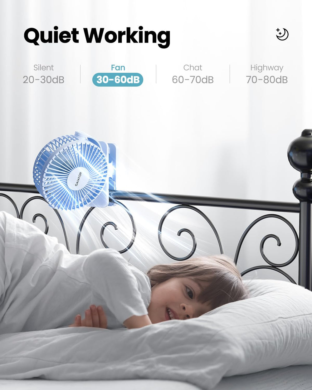 Gaiatop fan rotated to demonstrate 360-degree vertical and horizontal pivot