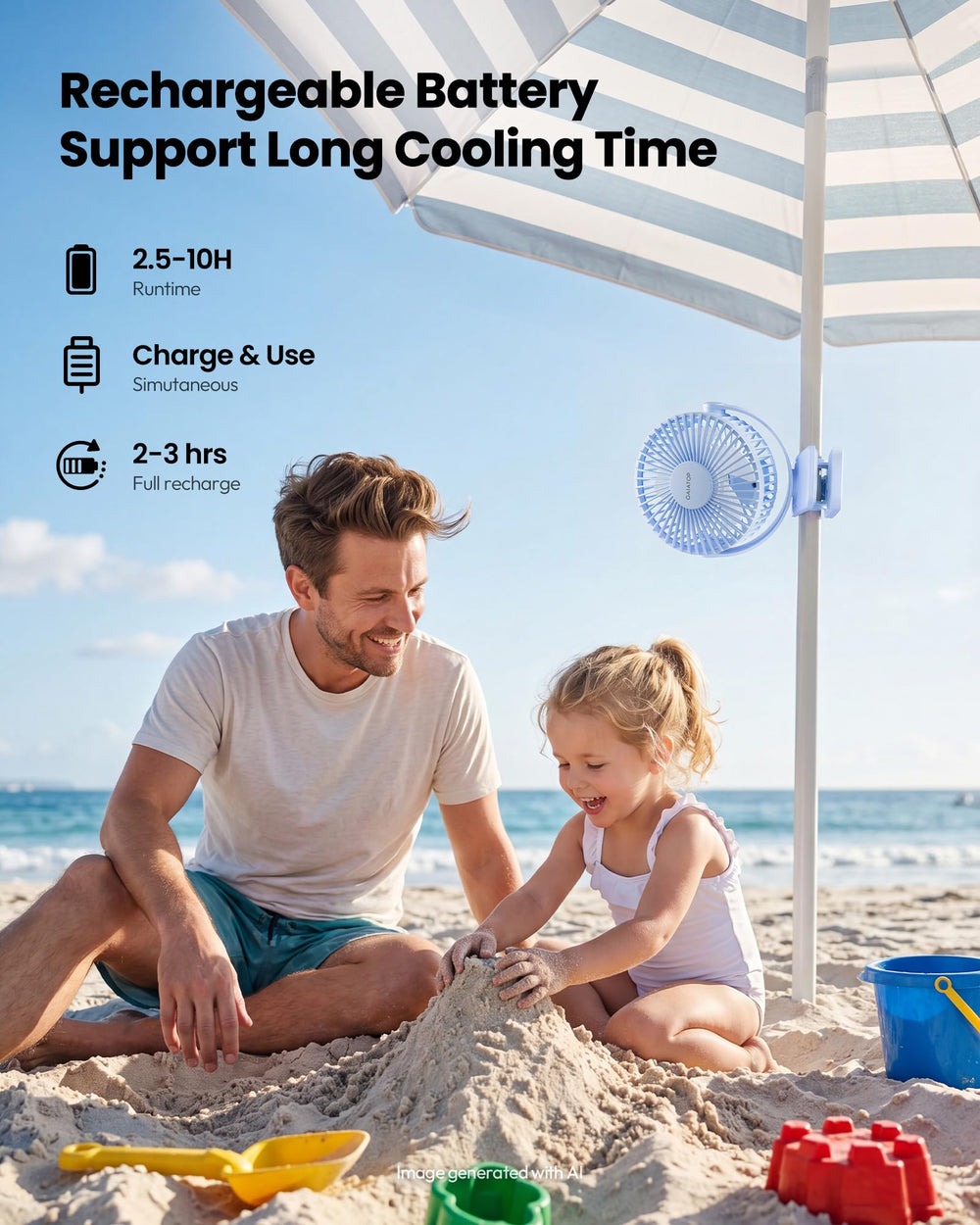 Gaiatop fan held in hand to show compact size and easy portability