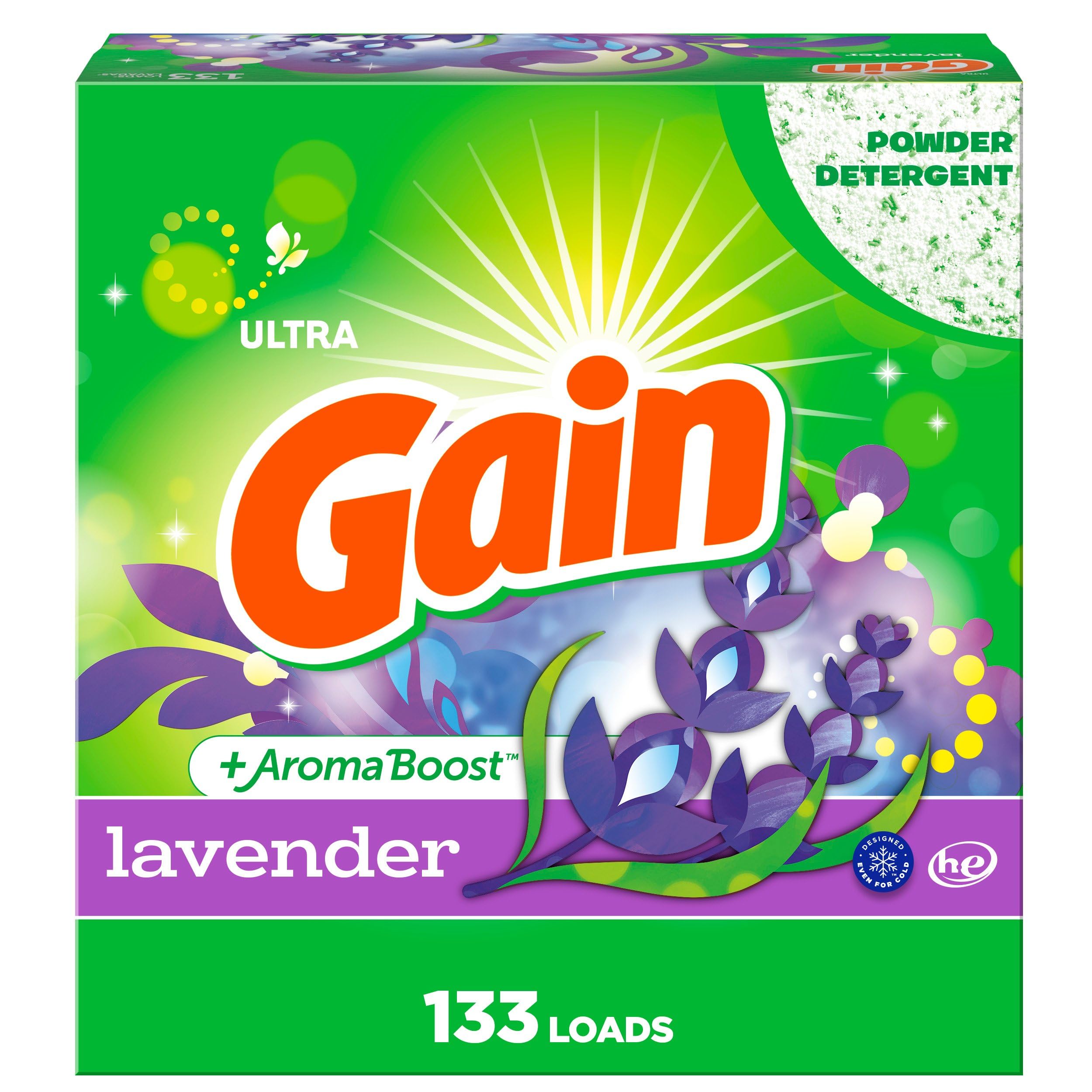 Gain front packaging showing tub and lavender scent for clear product identification