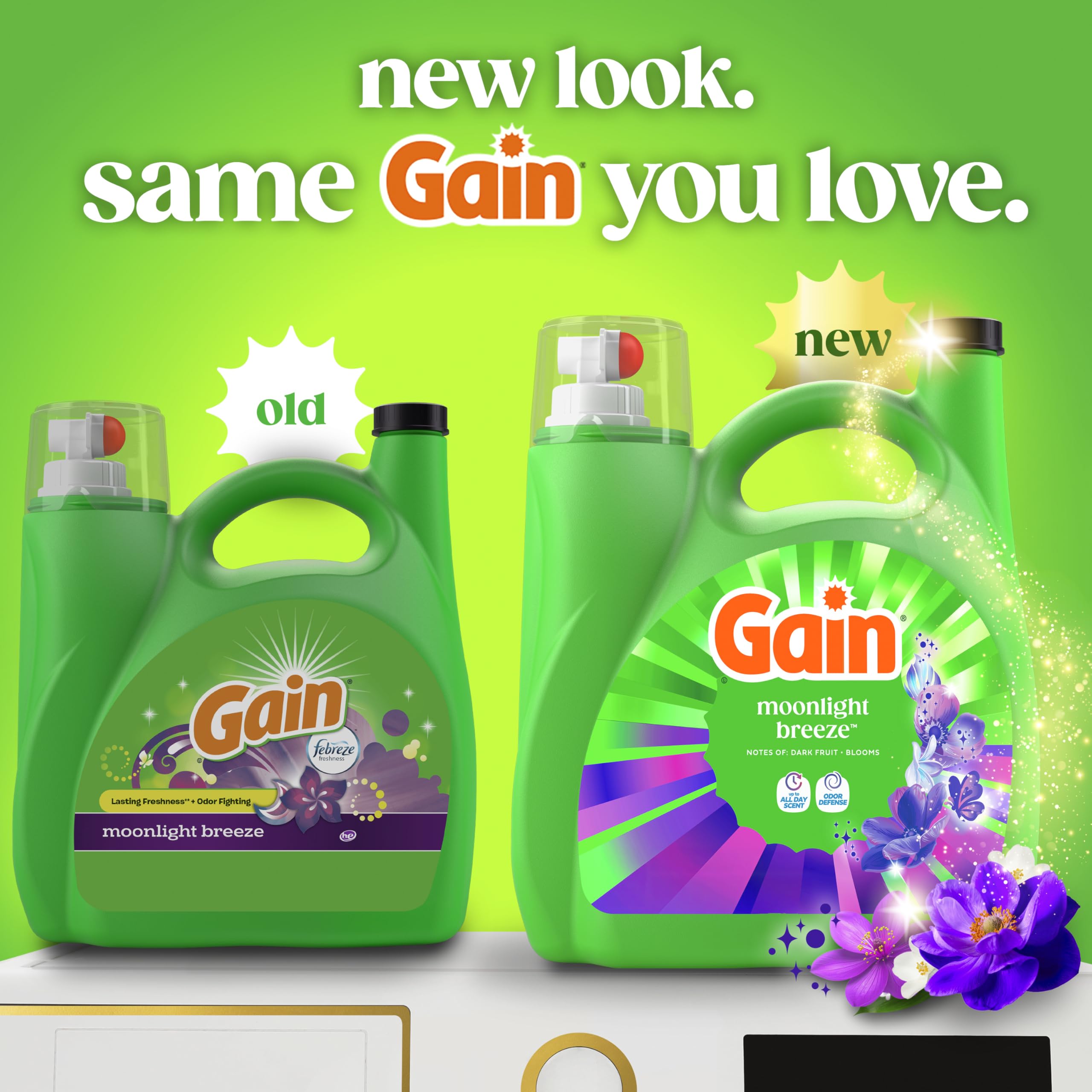Close-up of Gain Moonlight Breeze label highlighting scent and odor defense benefits