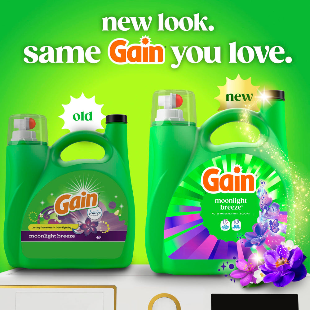 Close-up of Gain Moonlight Breeze label highlighting scent and odor defense benefits