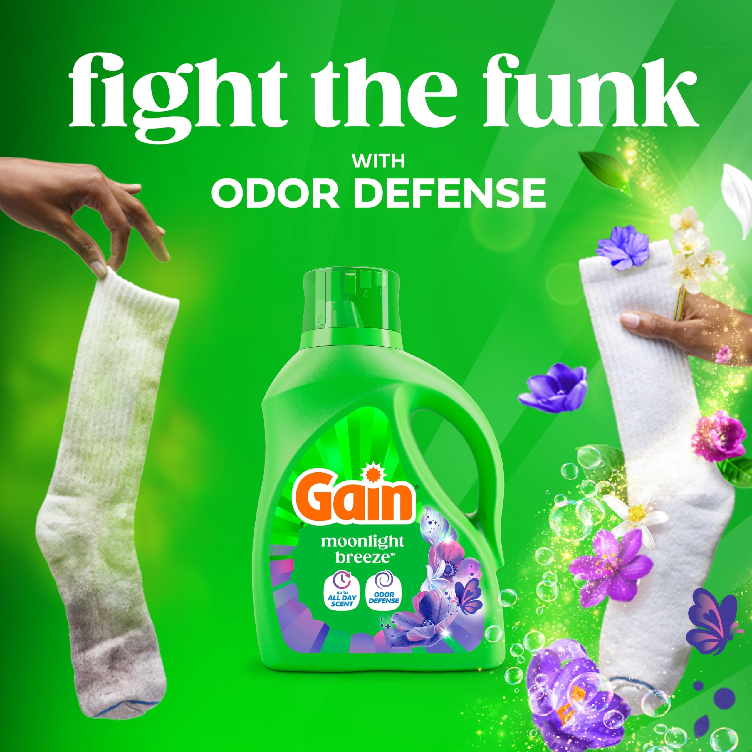 Pouring Gain Moonlight Breeze detergent into measuring cup for accurate dosing