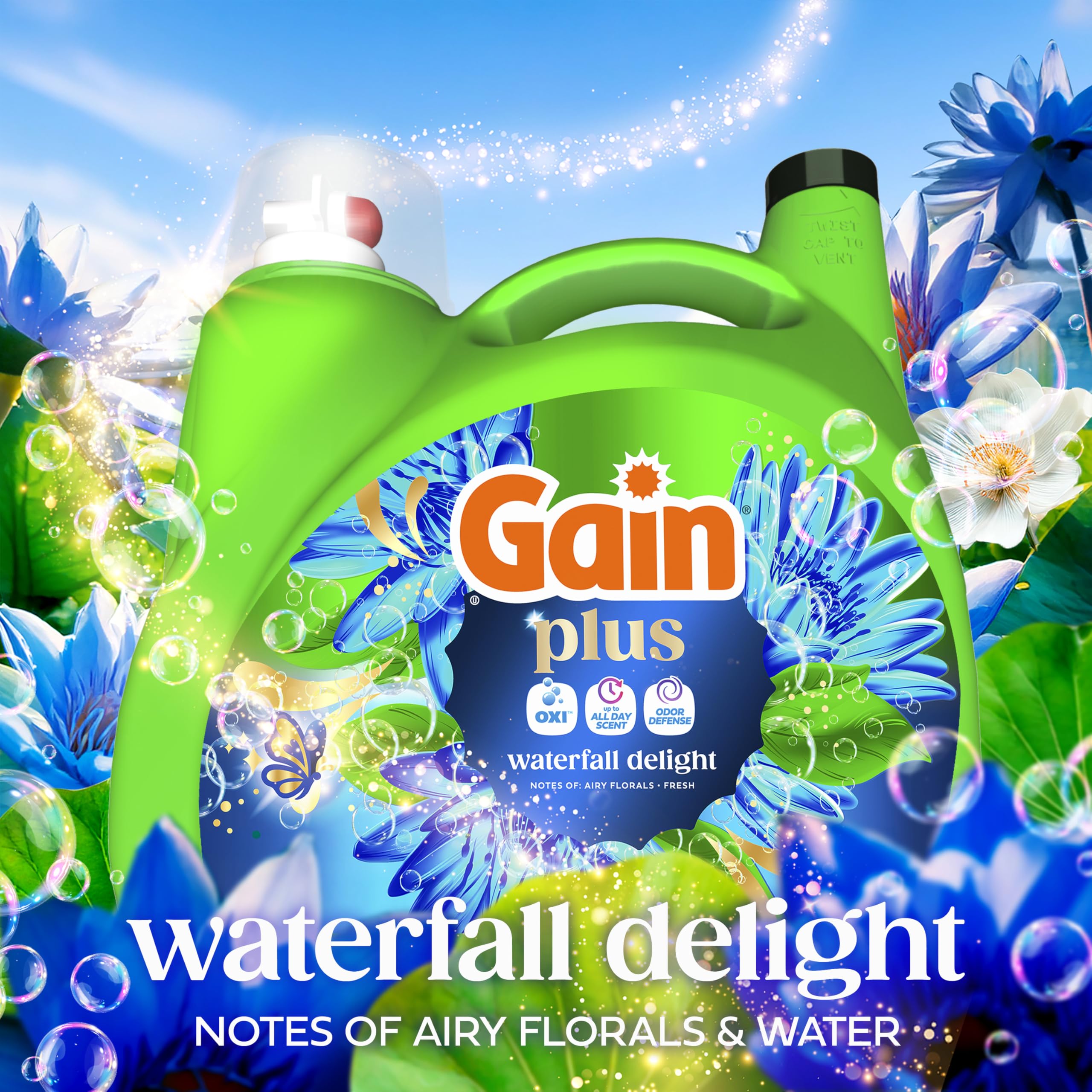 Back of Gain Plus bottle with directions visible for correct, HE-safe use