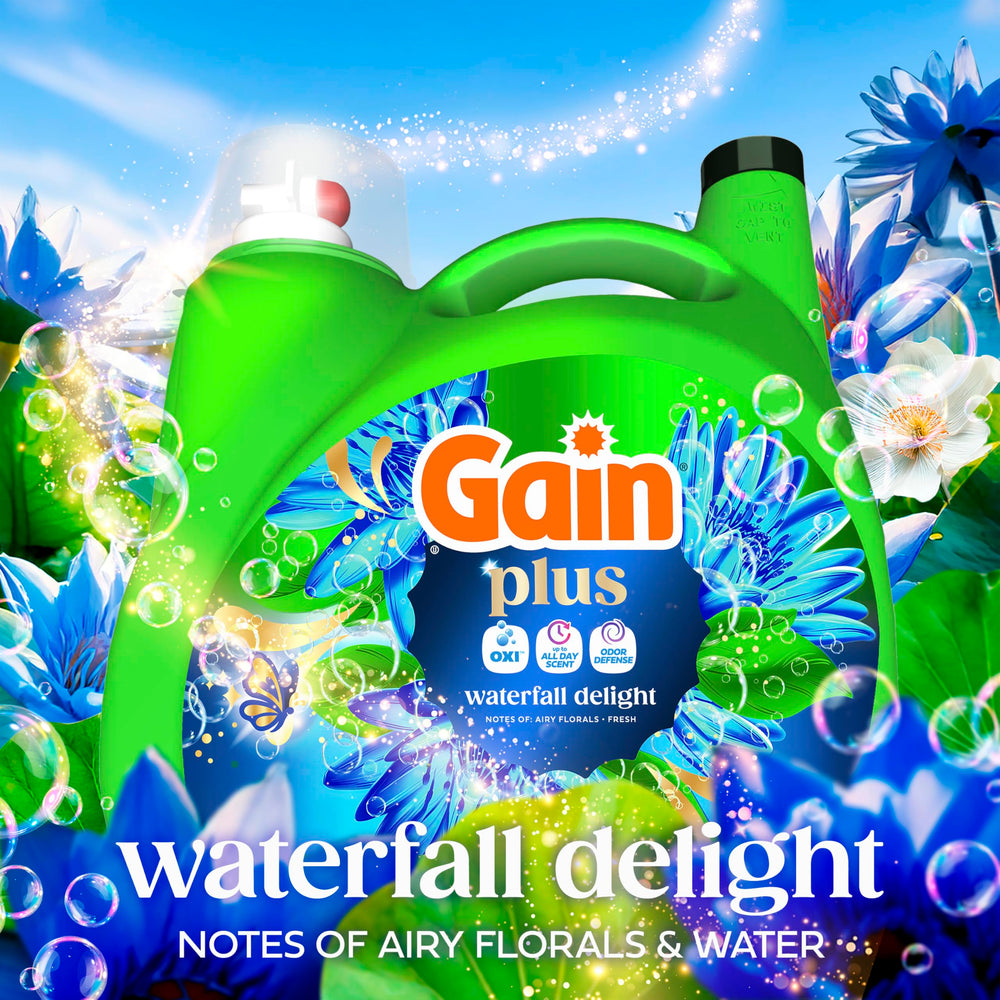 Back of Gain Plus bottle with directions visible for correct, HE-safe use