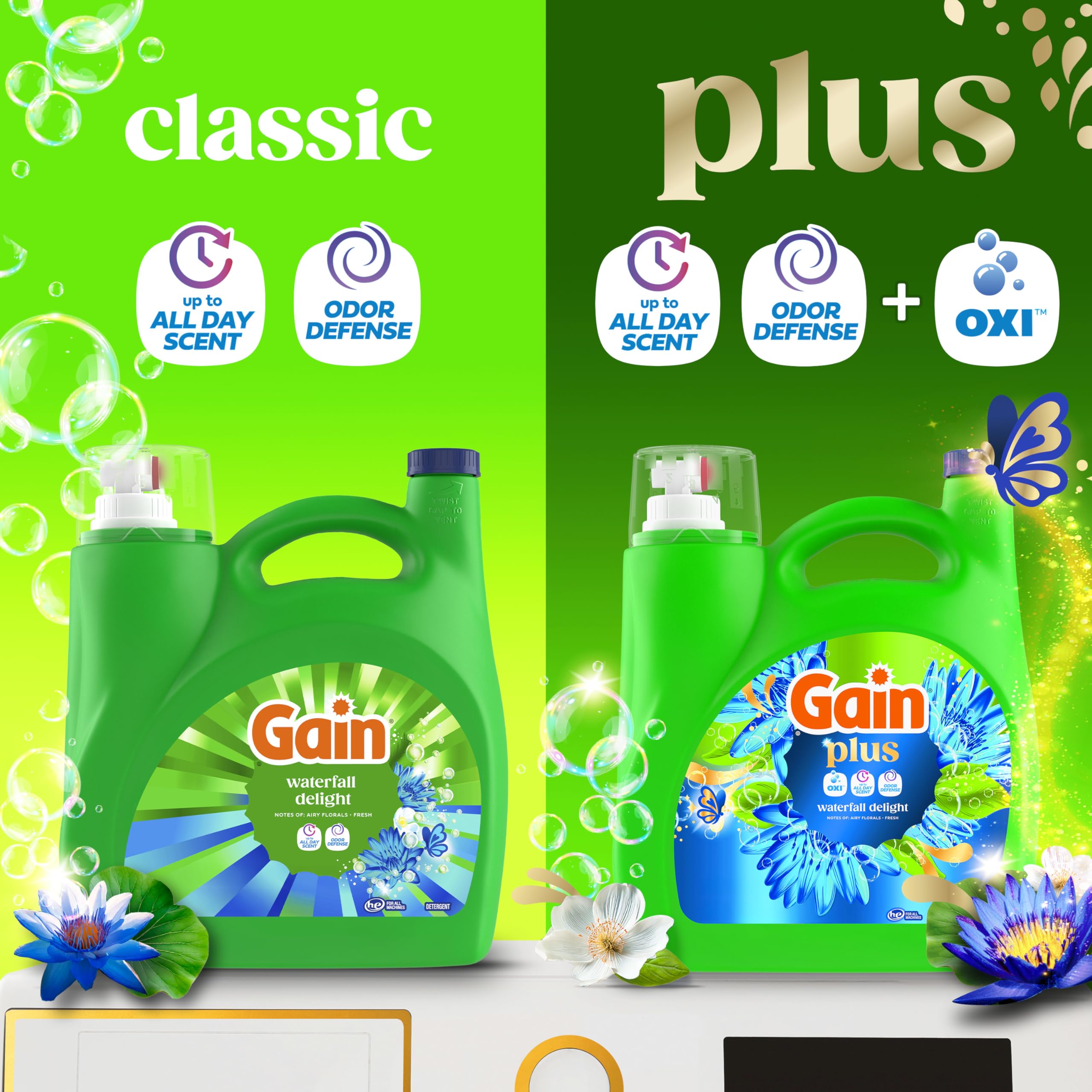 Gain Plus close-up label highlighting Oxi badge and enhanced stain removal benefit
