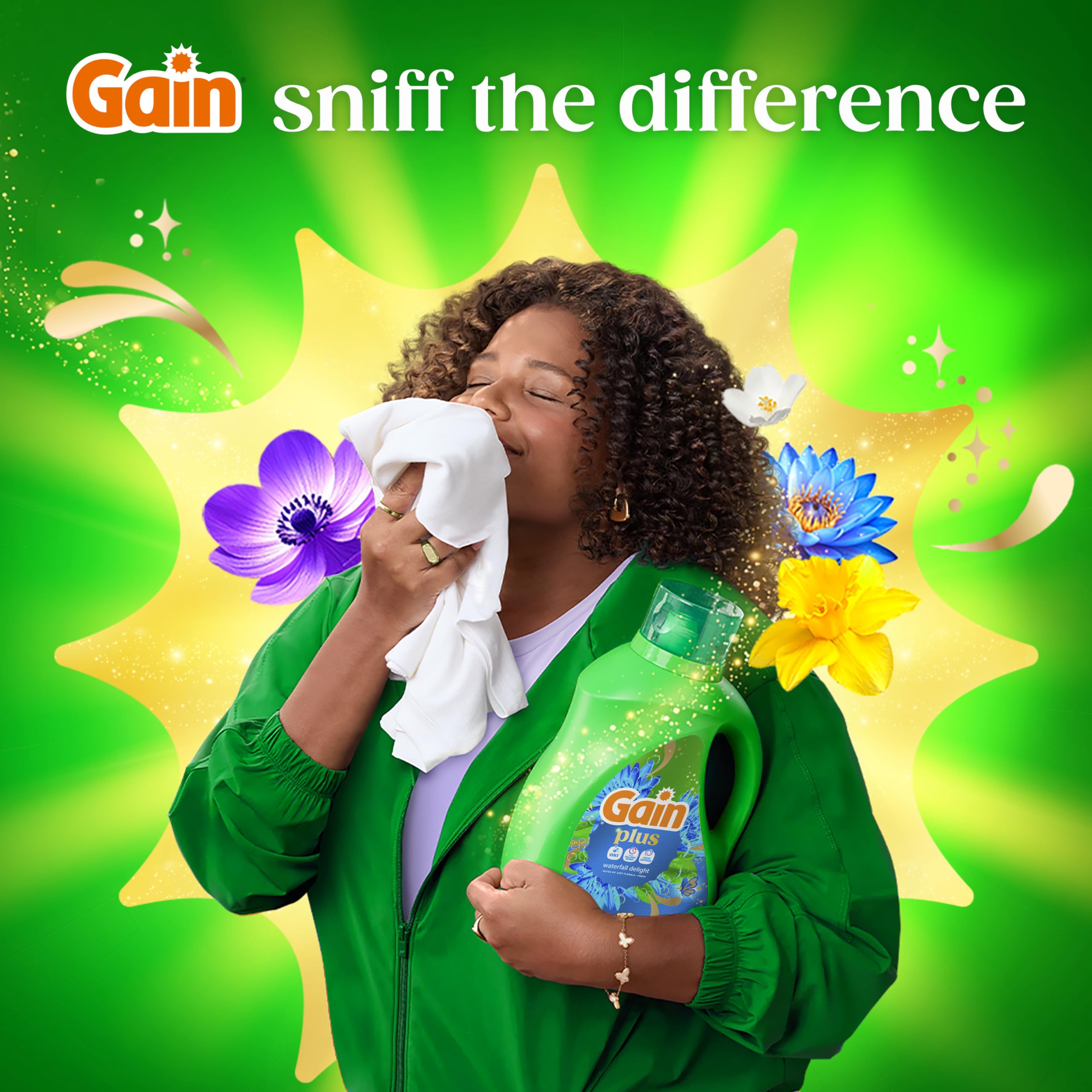 Gain Plus dispensed into washing machine drum showing compatibility and low-suds formula