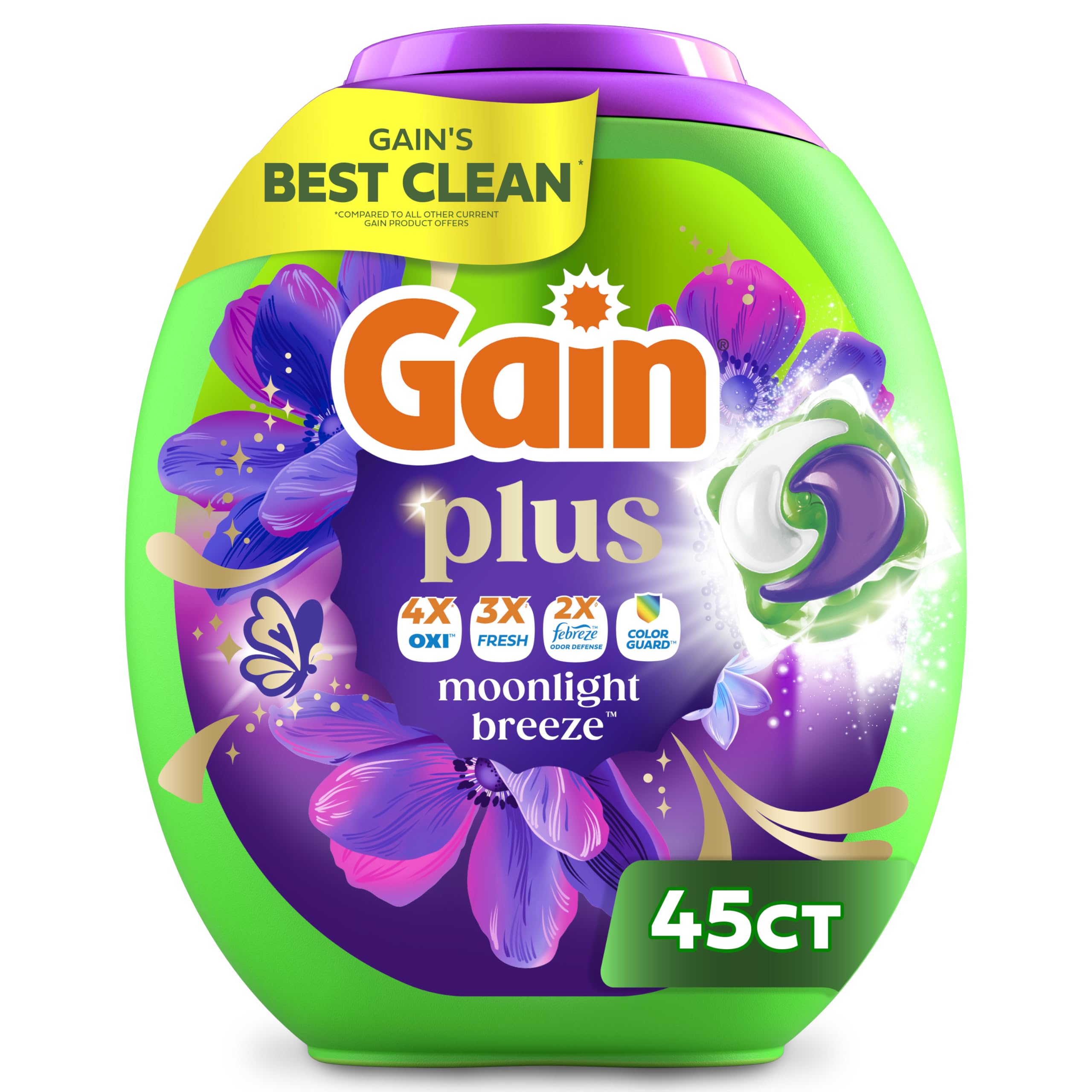 Gain tub front view showing Moonlight Breeze scent and 45-count benefit