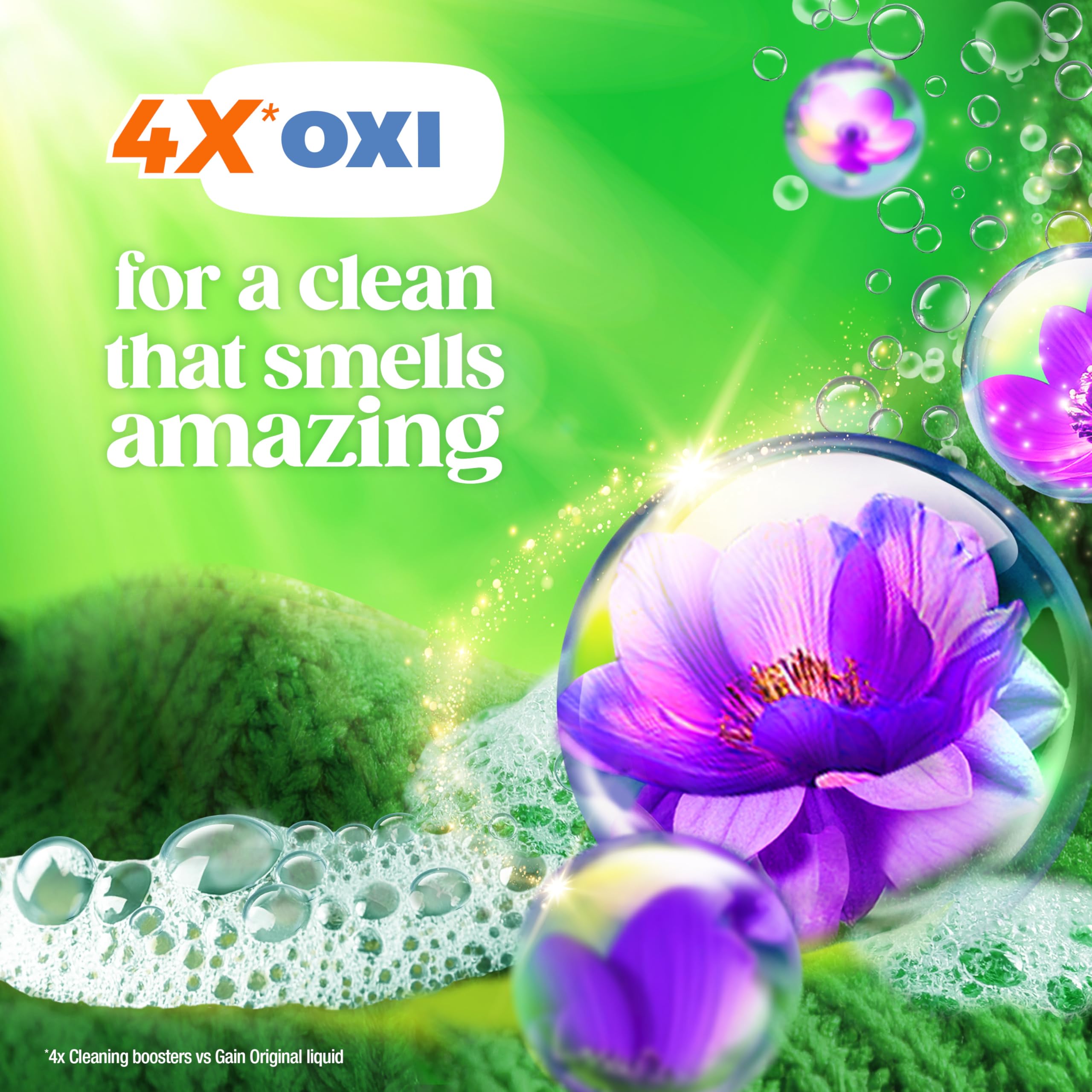 Label detail on Gain tub showing 4-in-1 cleaning features and scent