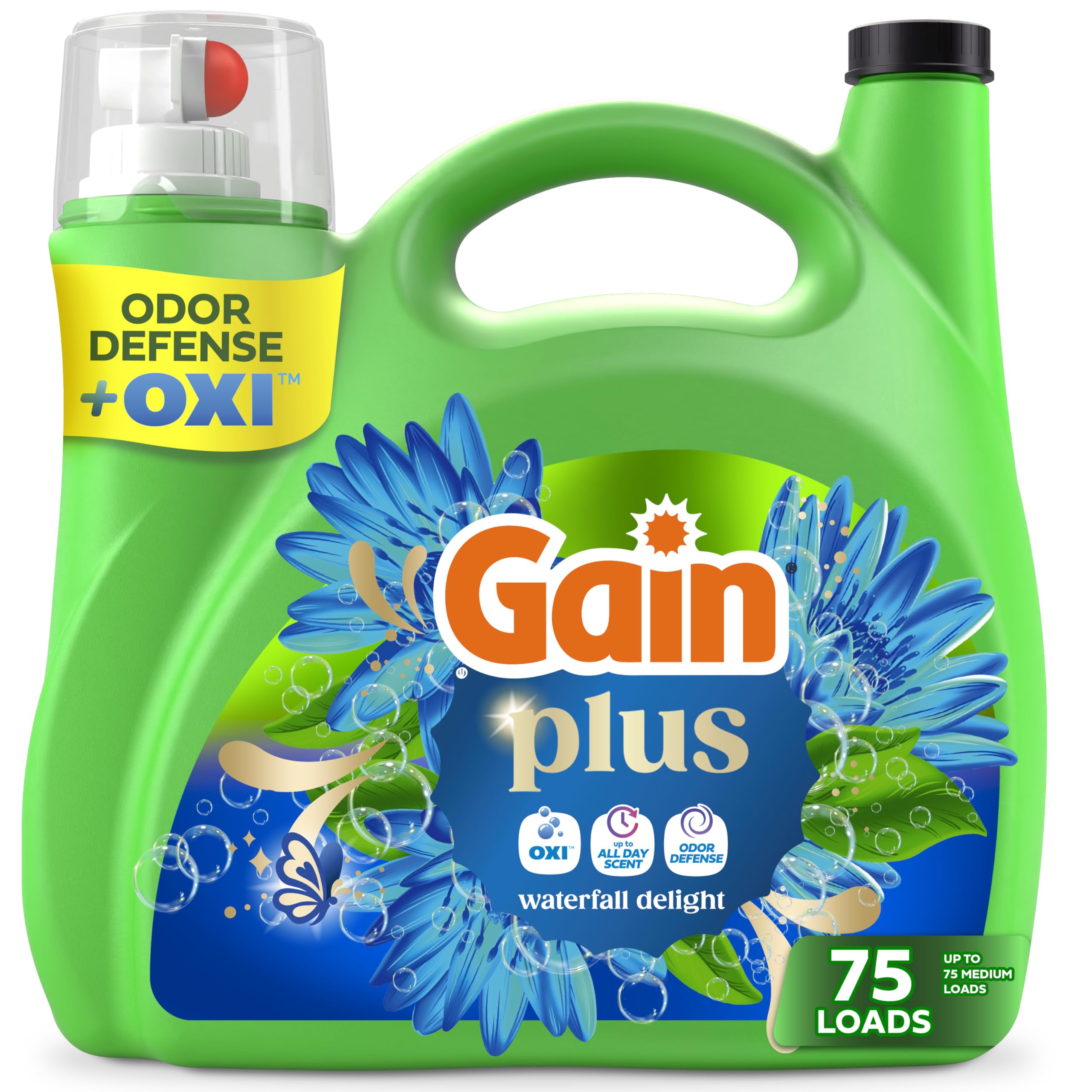 Gain Plus front jug showing Waterfall Delight scent and 99 fl oz size for long-lasting freshness