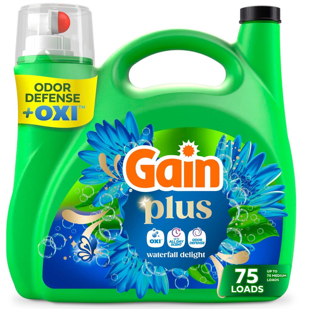 Gain Plus front jug showing Waterfall Delight scent and 99 fl oz size for long-lasting freshness