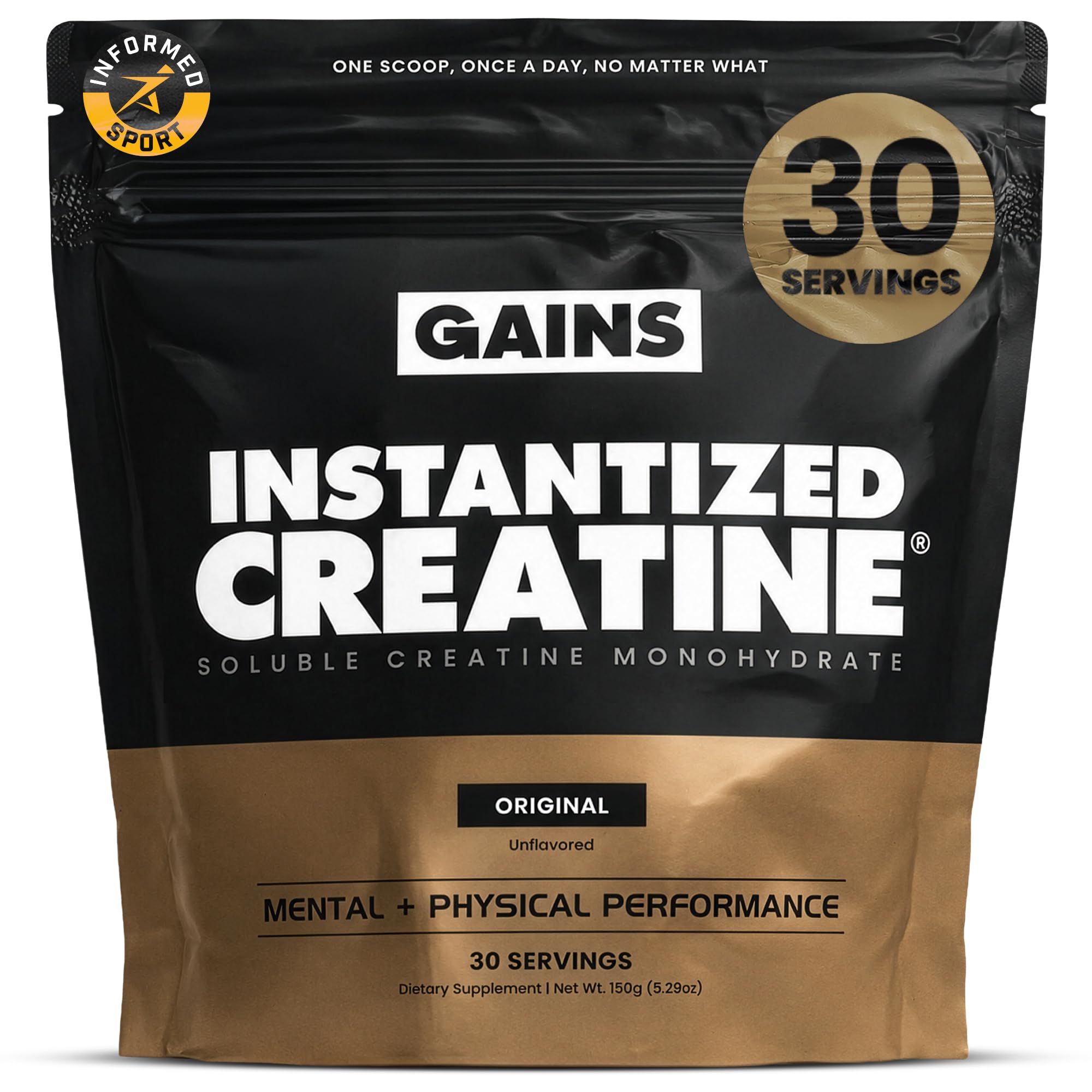 Gains in Bulk jar front label showing product name and servings for clear identification and trust