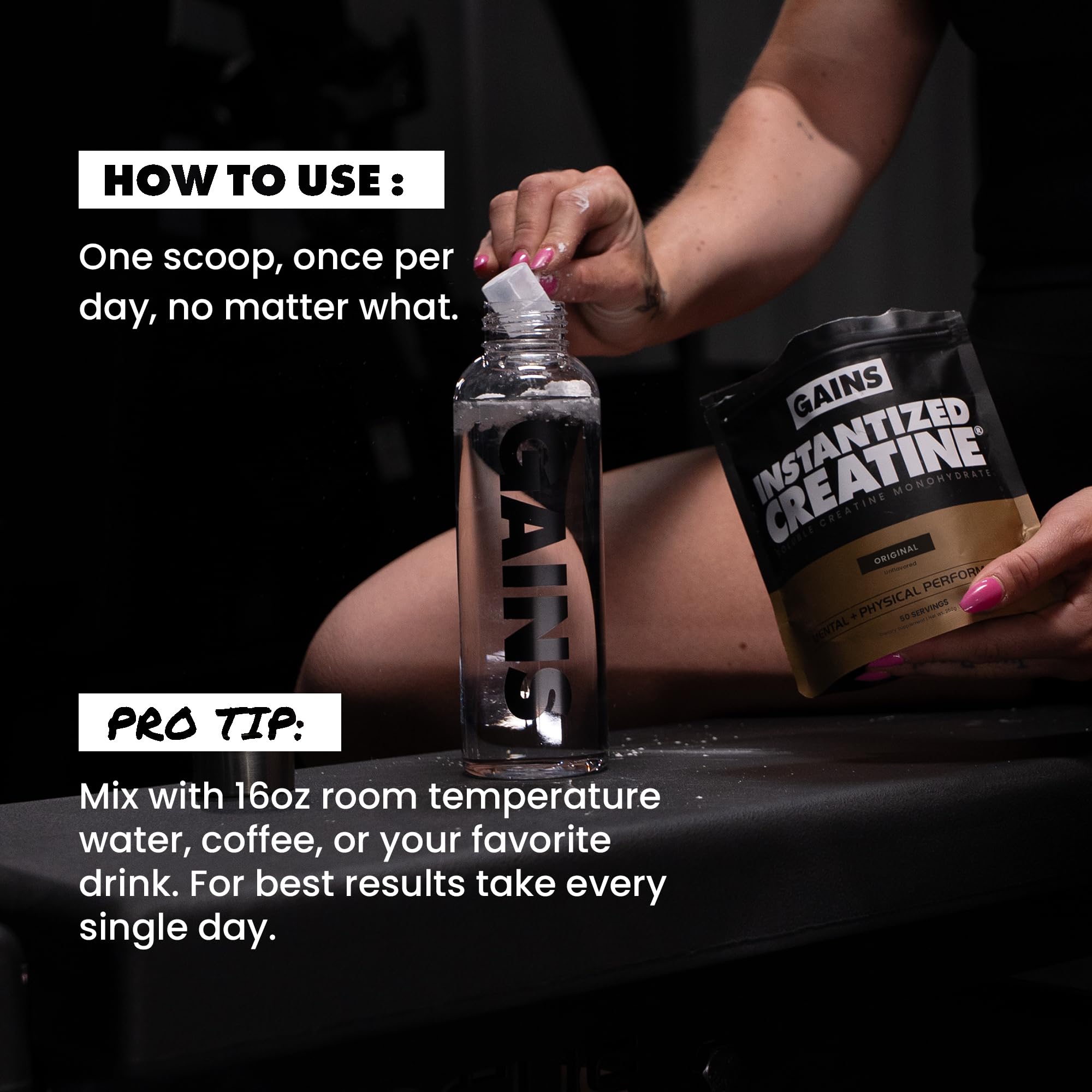 Shaker bottle with Gains in Bulk mixed shake being used pre-workout to support performance