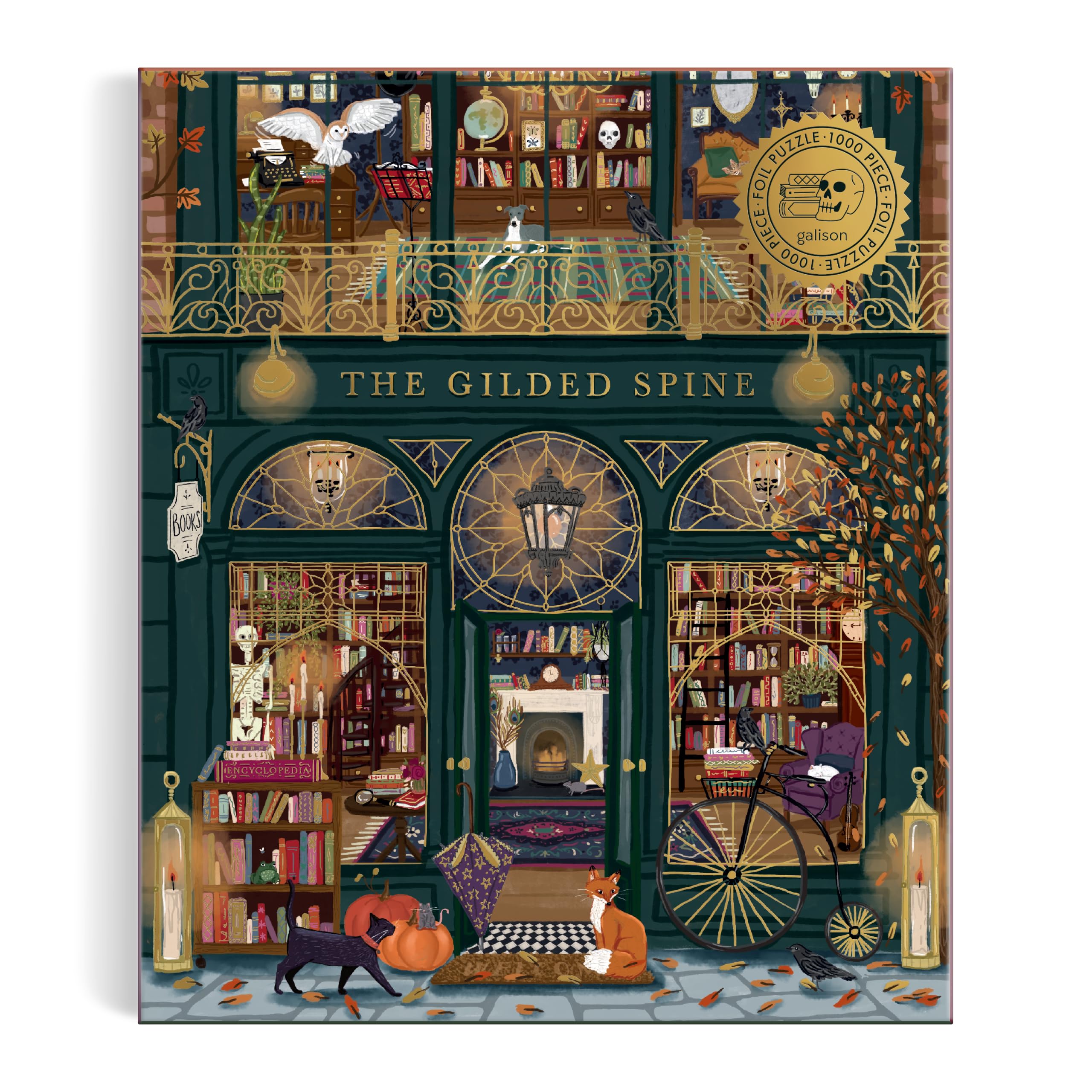 Galison finished puzzle staged in cozy bookshop setting showing decorative and gift appeal