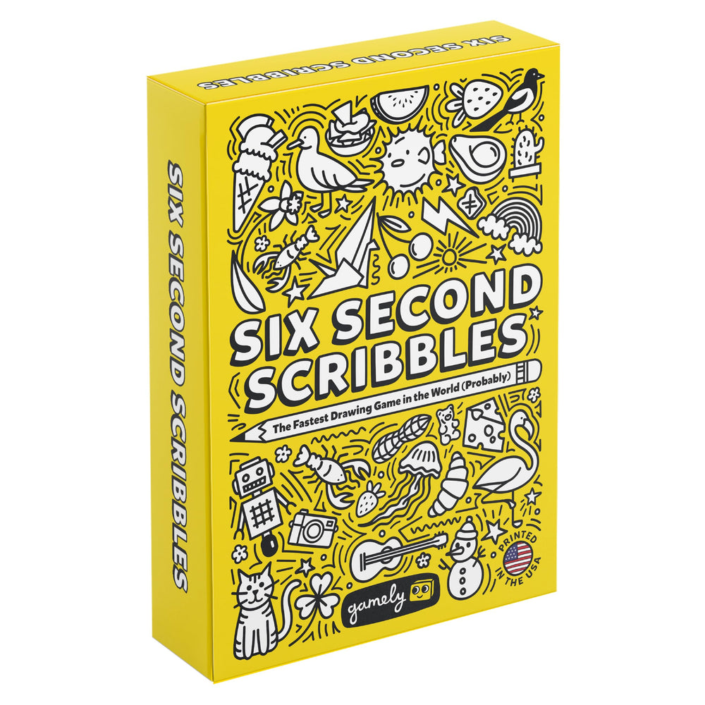 Gamely box front showing Six Second Scribbles cover and quick-play benefit