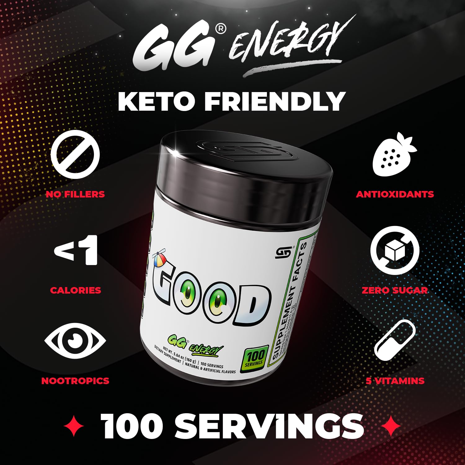 Gamer Supps angled tub label close-up highlighting keto and sugar-free benefits