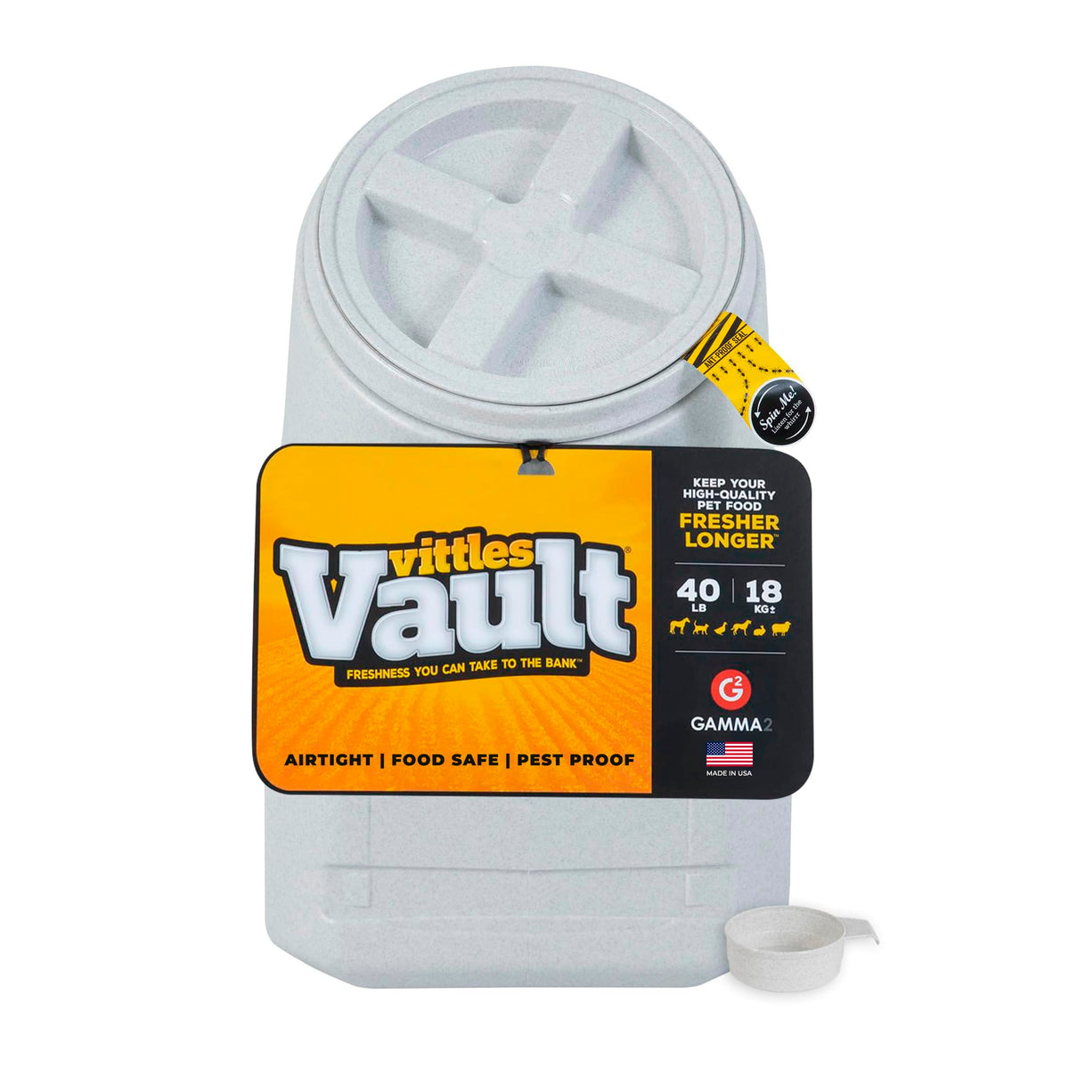 Gamma2 Vittles Vault front view shows airtight container for fresher kibble