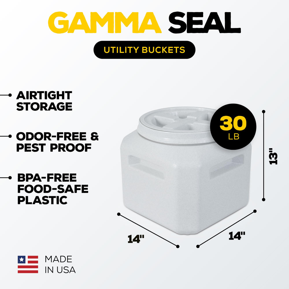 Gamma2 Vittles Vault next to 30 lb bag for size and scale