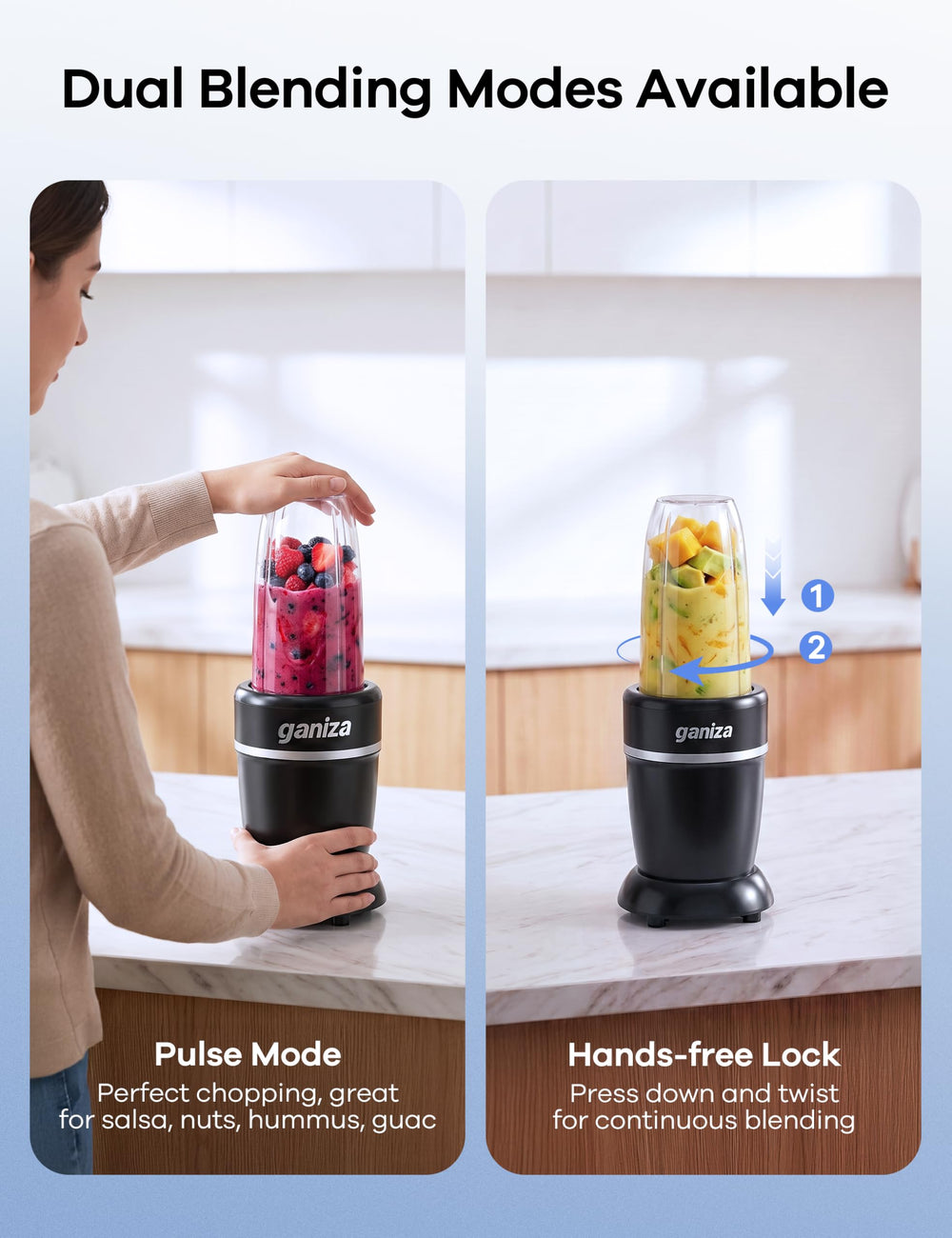 Ganiza blender in use pouring a smoothie to show quick blending performance