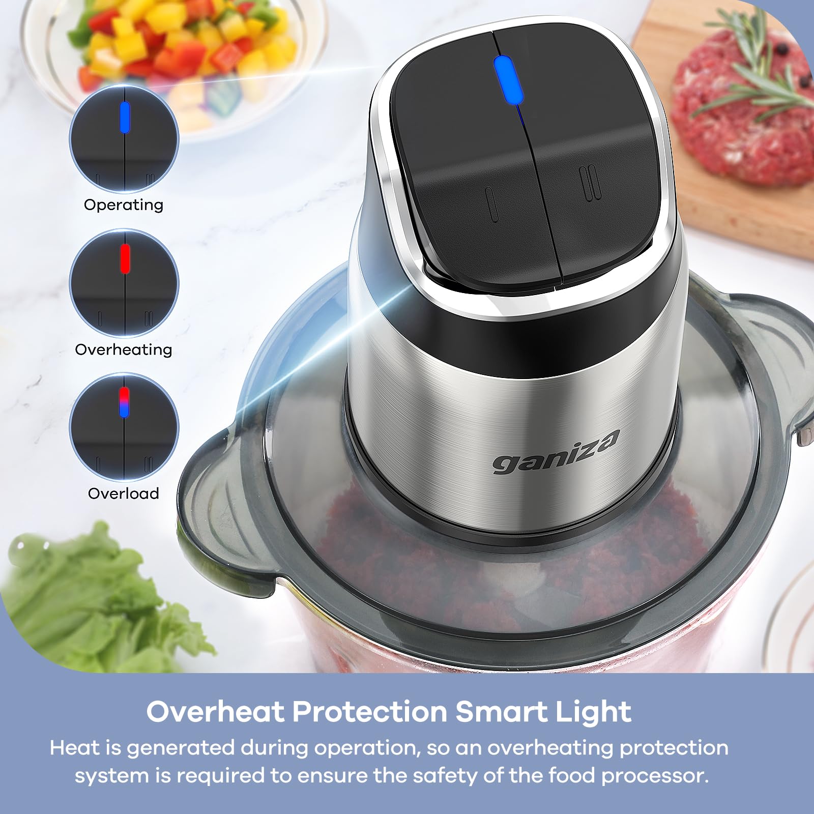 Ganiza stainless bowl close-up with blade for tough meat grinding