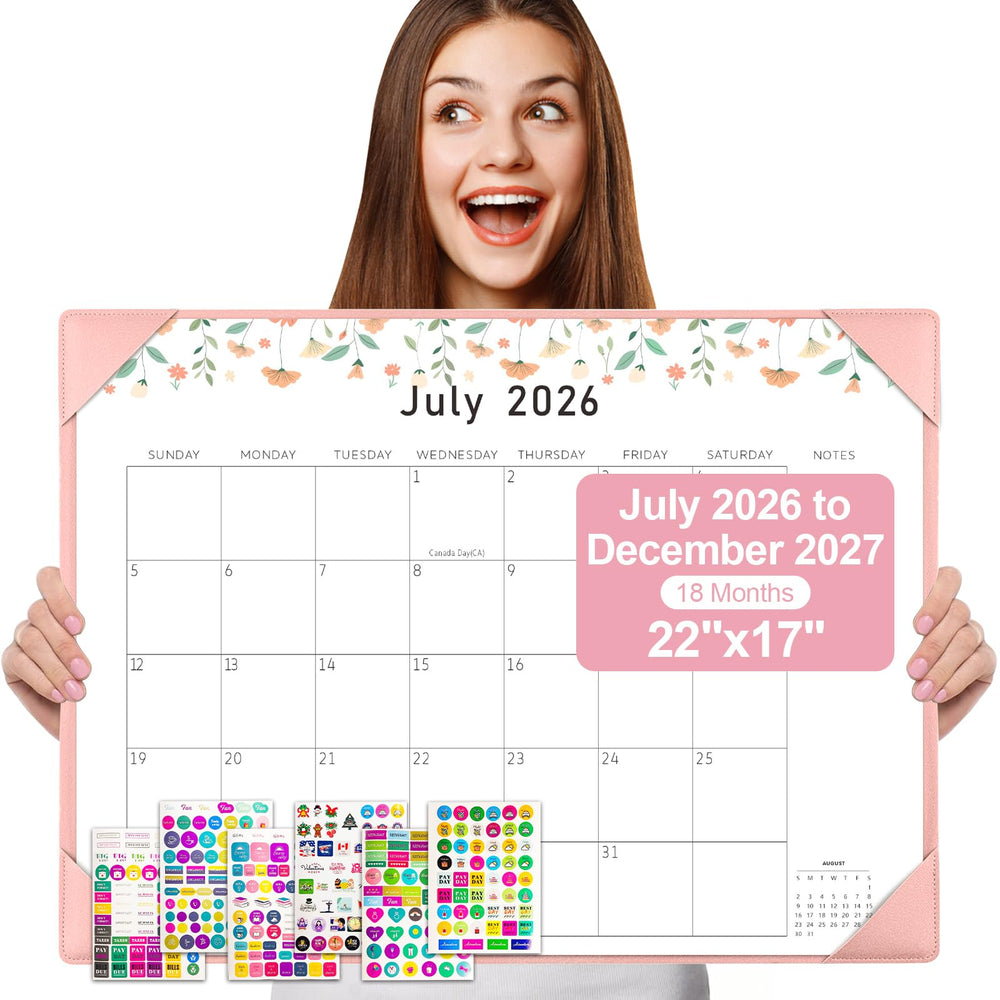 Gannyfer front view of 22x17 desktop pad calendar showing monthly layout and florals for clear planning