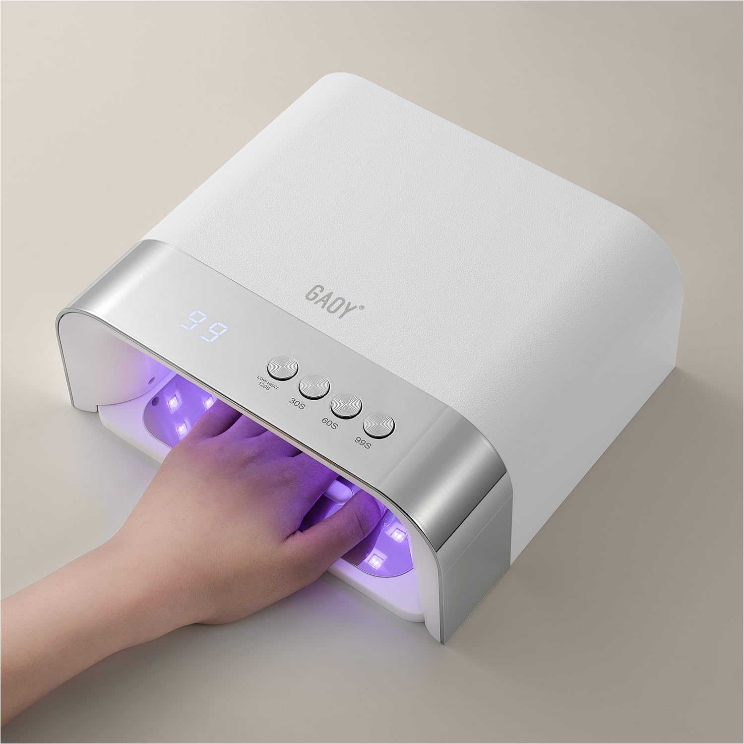 GAOY lamp front view showing compact white housing and wide opening for quick curing