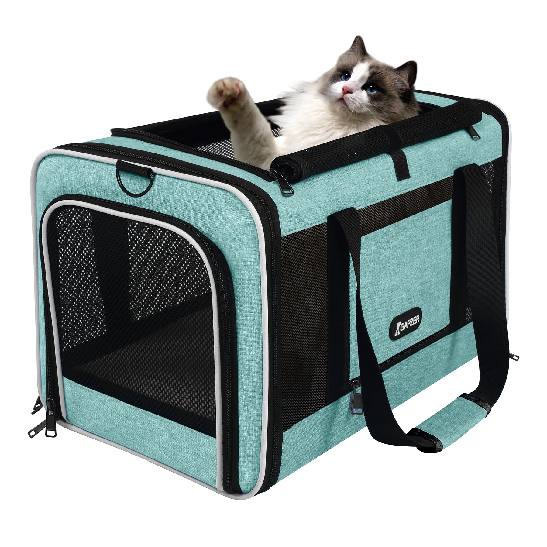 GAPZER carrier in use with cat inside, reduces travel stress