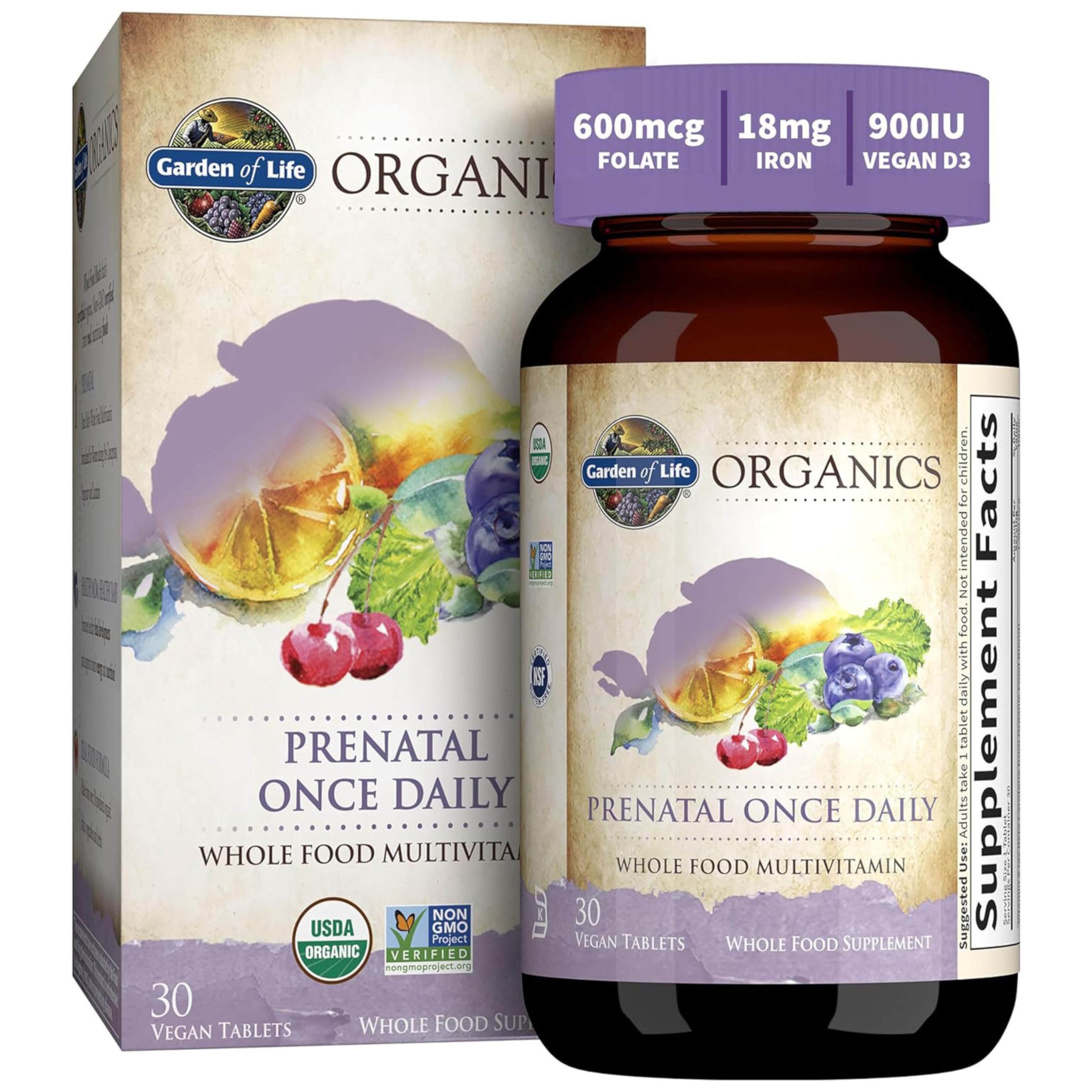 Garden of Life prenatal front packaging showing product and benefits