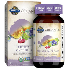 Garden of Life prenatal front packaging showing product and benefits