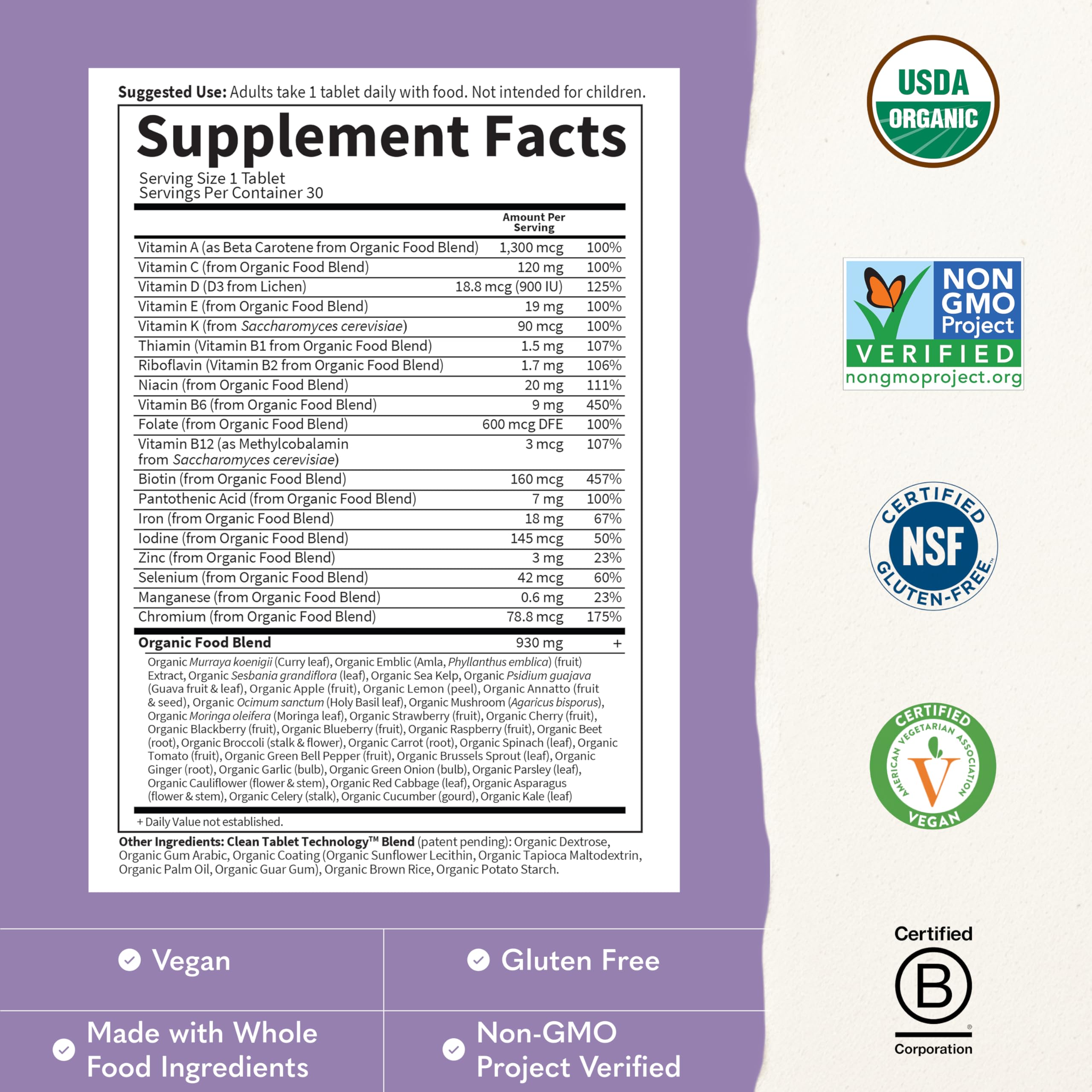 Garden of Life label highlighting organic ingredient blend and nutrients