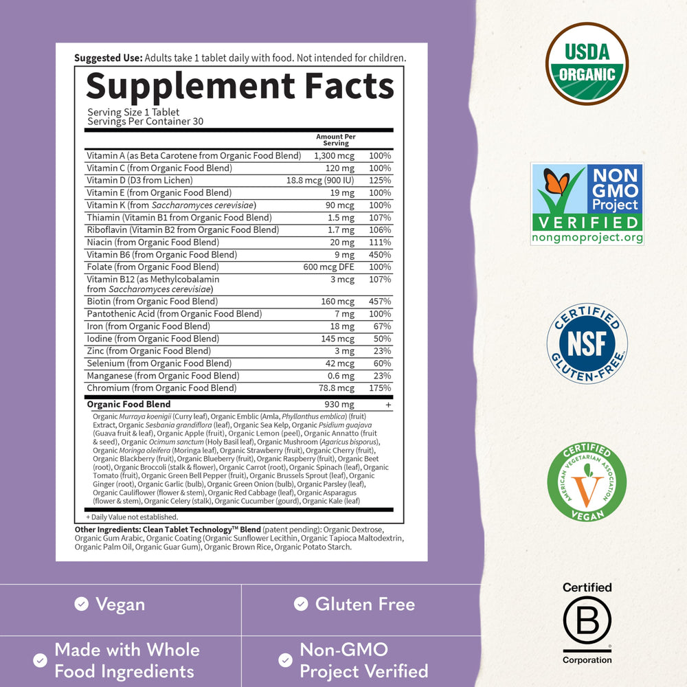 Garden of Life label highlighting organic ingredient blend and nutrients