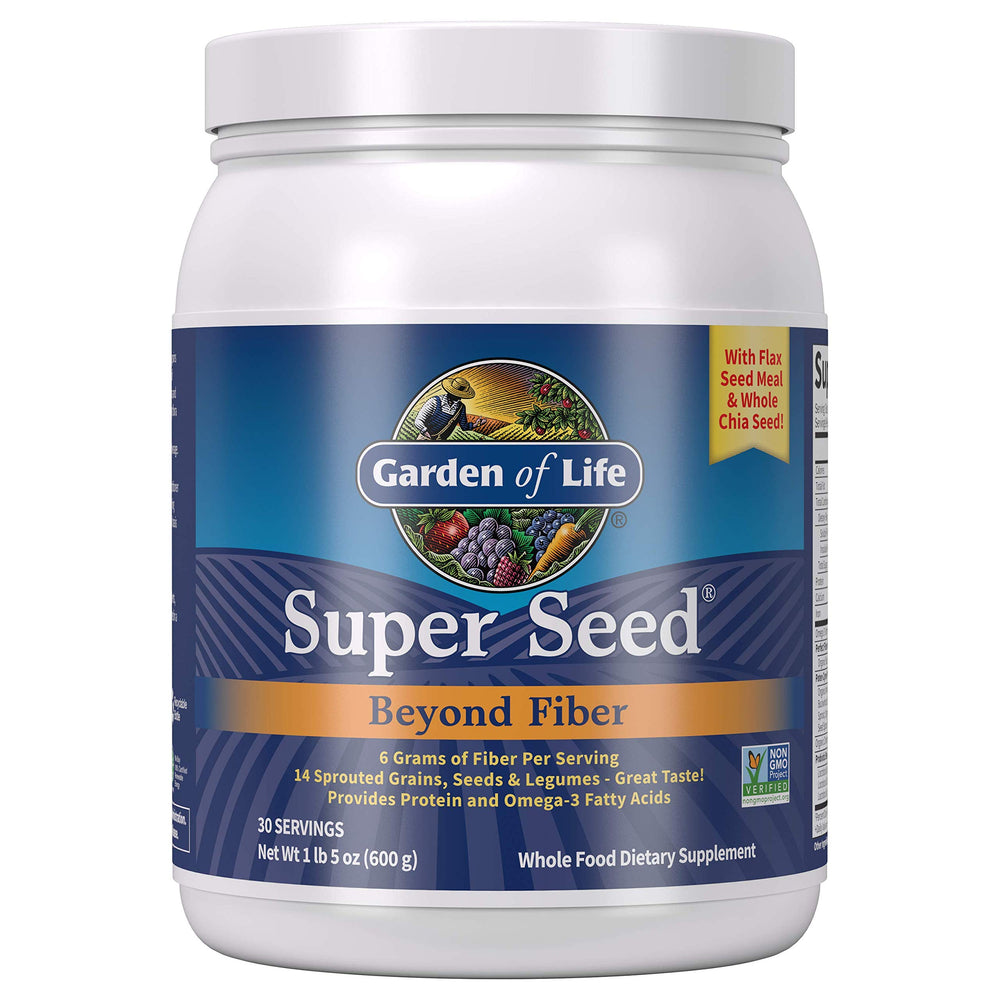 Garden of Life front packaging showing unflavored fiber powder and label benefits