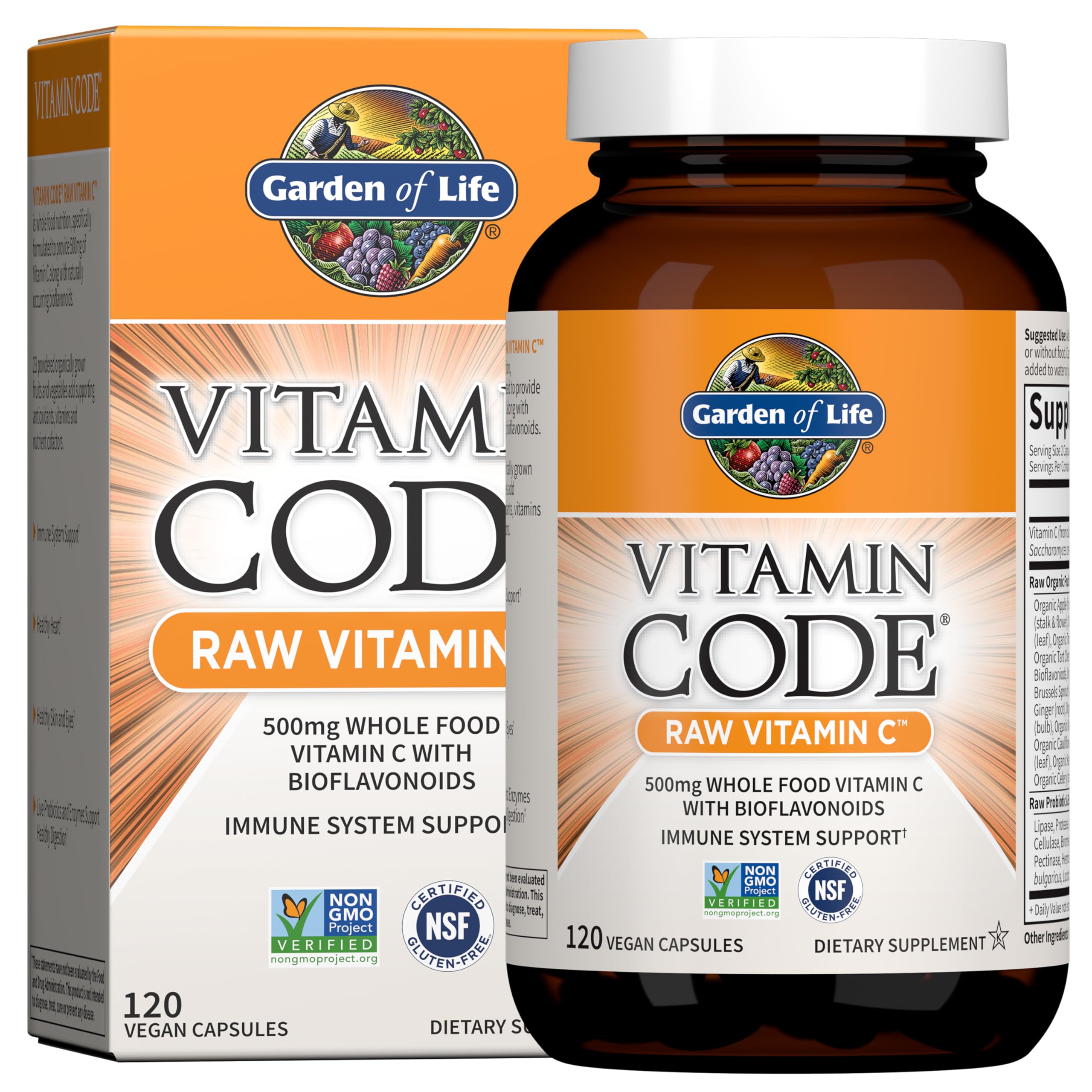 Garden of Life bottle front label showing product benefits and certifications